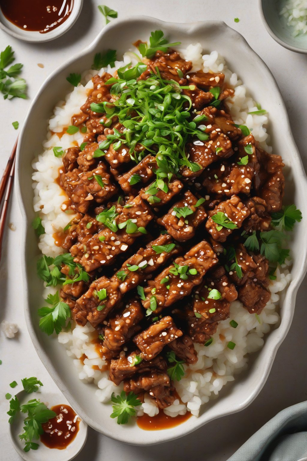 A high-resolution photo of crumbled tempeh bulgogi with sauce pooling, green herbs on top, under soft lighting.