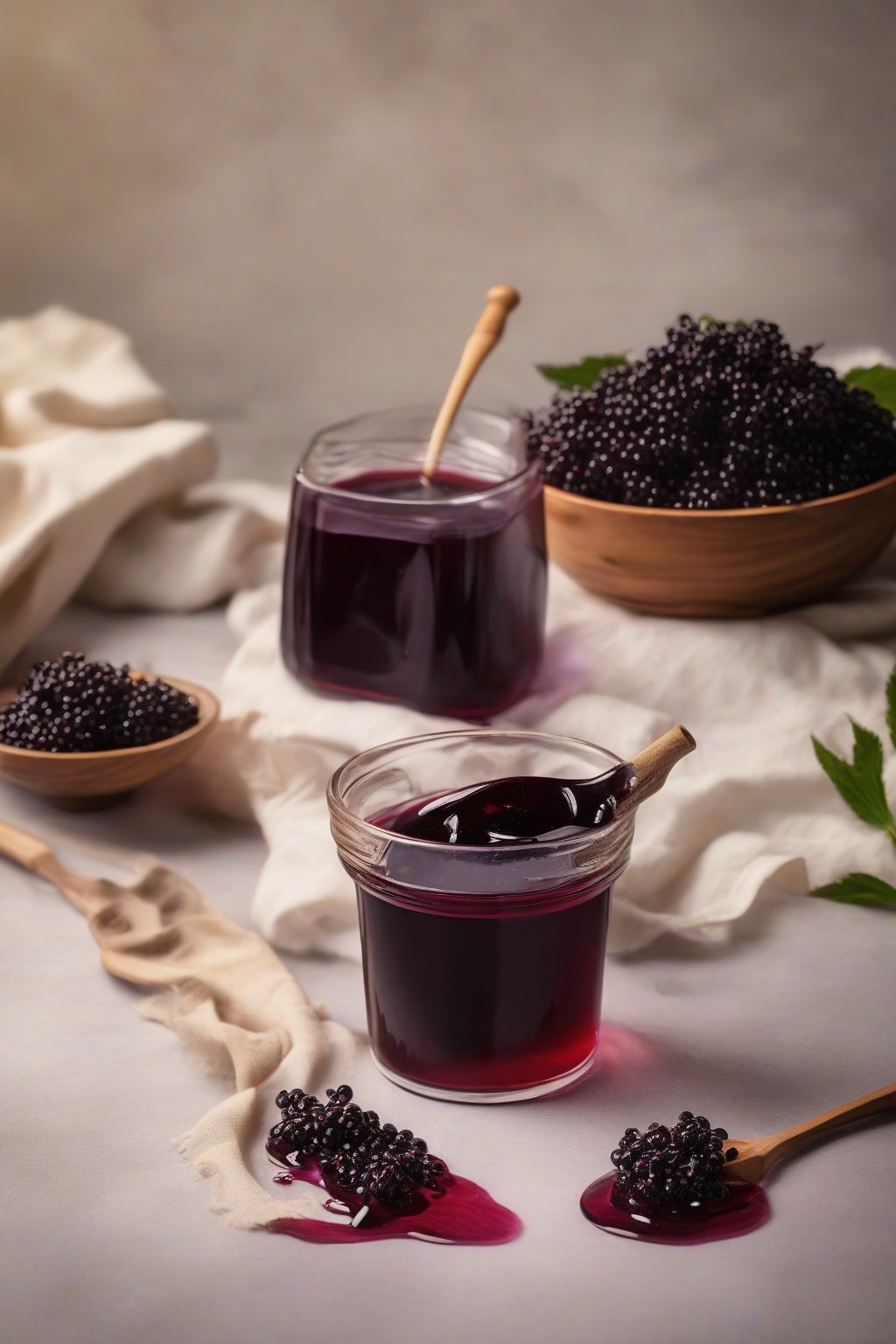 A high-resolution photo of classic elderberry syrup poured into a small glass, surrounded by fresh elderberries and a wooden spoon, under soft lighting.