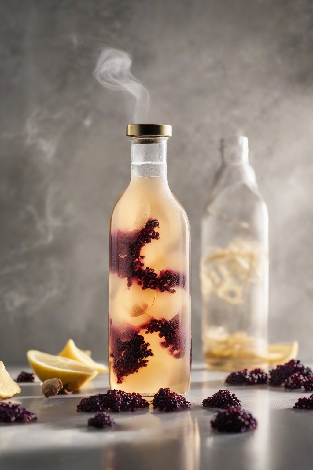 A high-resolution photo of ginger kick elderberry syrup in a clear bottle with ginger slices floating inside, steam rising gently, under soft lighting.
