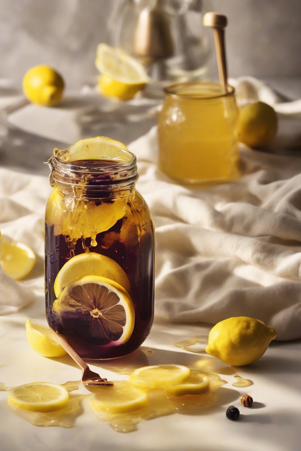 A high-resolution photo of lemon-honey elderberry elixir in a jar with lemon slices and honey drizzling, vibrant yellow tones, under soft lighting.