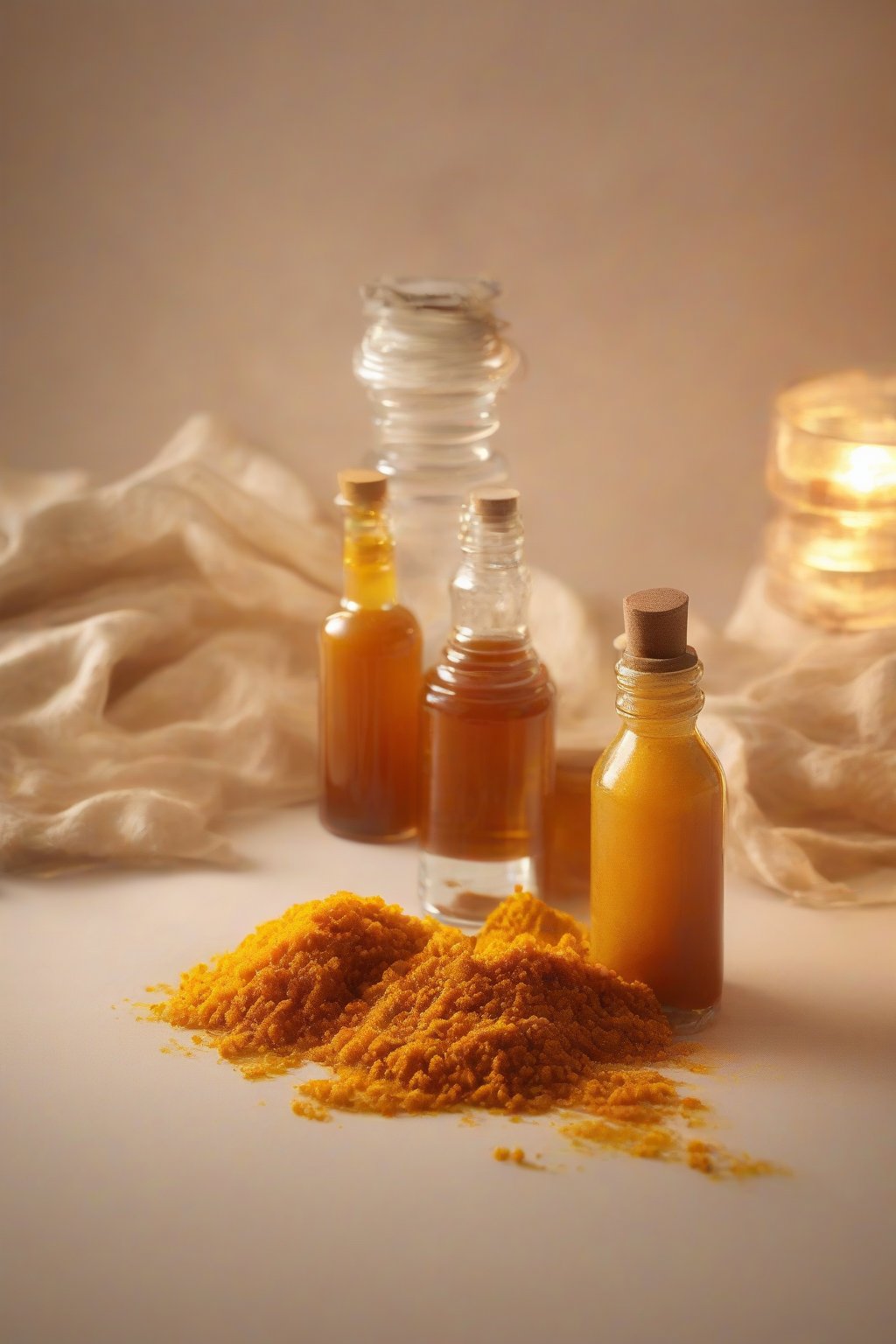 A high-resolution photo of turmeric golden elderberry syrup glowing in a bottle, turmeric root nearby, warm golden hues, under soft lighting.