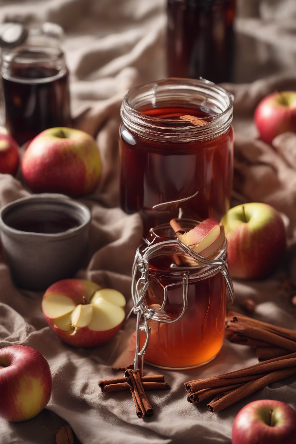 A high-resolution photo of cinnamon apple elderberry syrup with apple slices and cinnamon sticks arranged around the jar, autumnal vibe, under soft lighting.