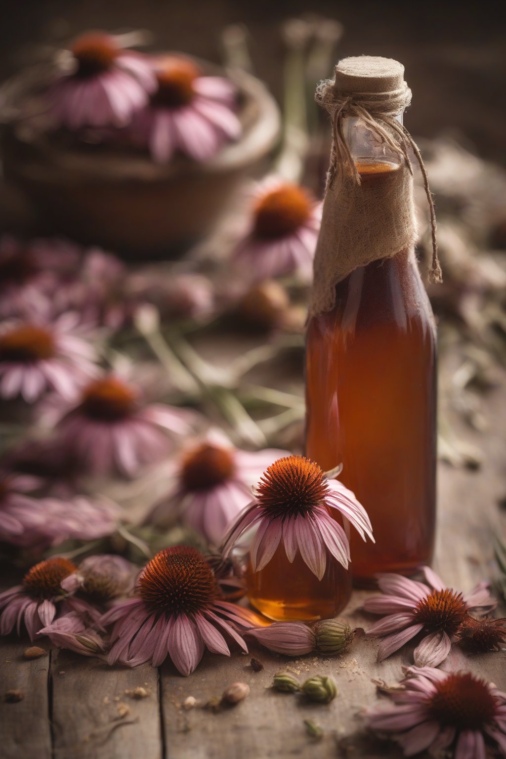 A high-resolution photo of echinacea immune booster syrup in a rustic bottle, dried echinacea flowers scattered, earthy tones, under soft lighting.