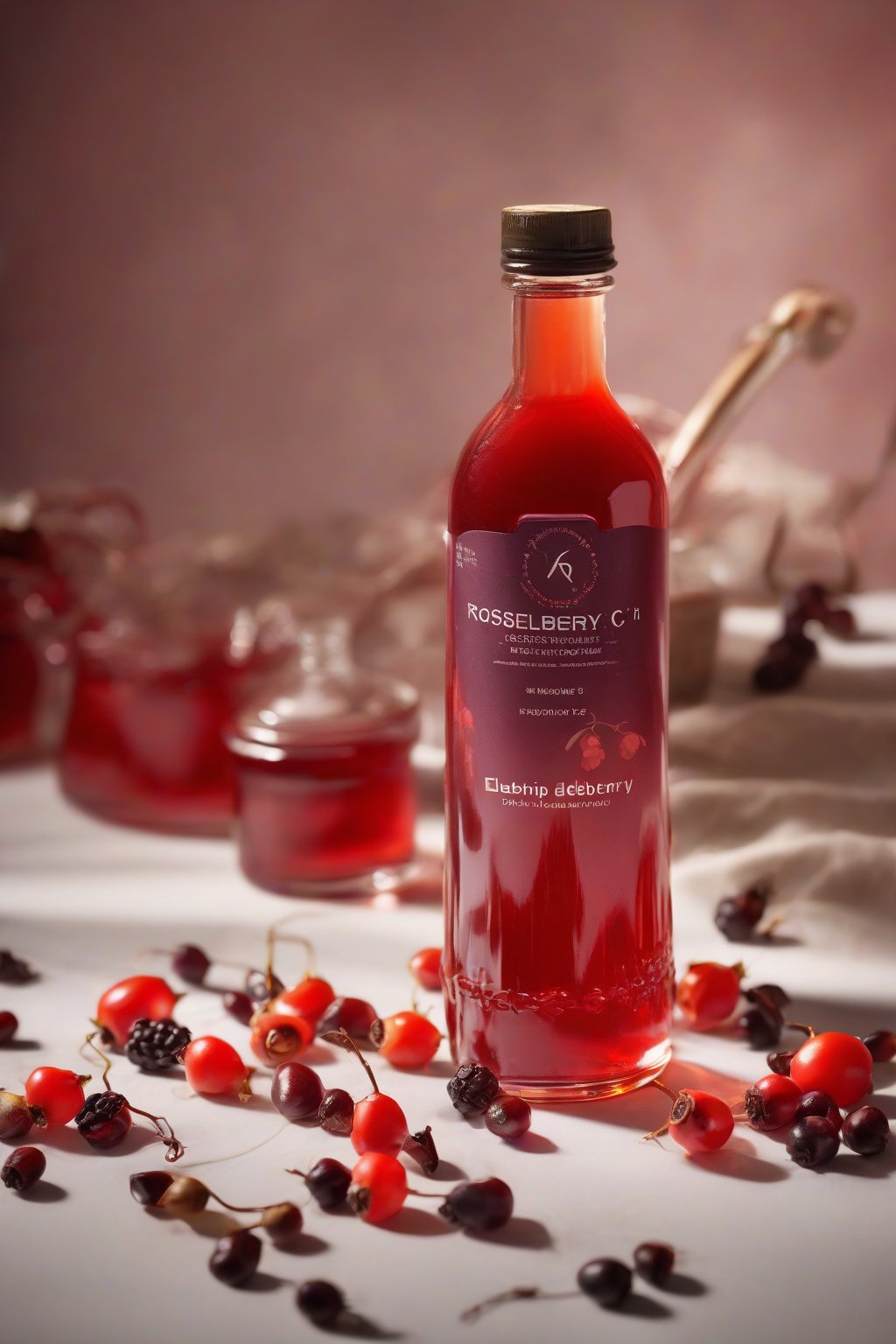 A high-resolution photo of rosehip vitamin C elderberry syrup with rosehip pods and berries, bright red accents, under soft lighting.