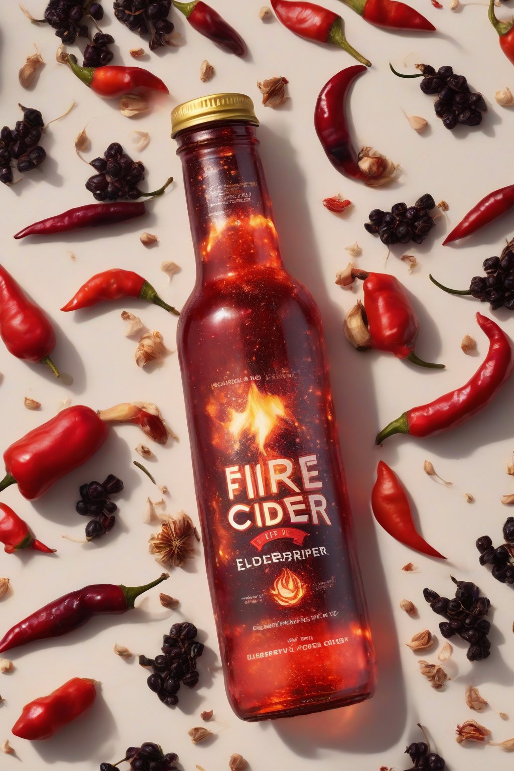 A high-resolution photo of fire cider elderberry fusion with chili peppers and garlic around the bottle, fiery red glow, under soft lighting.