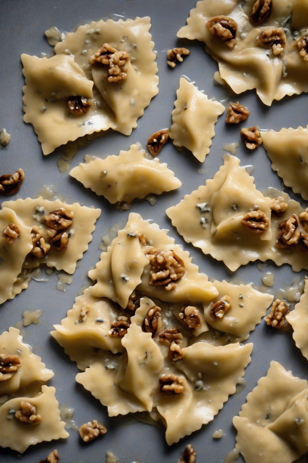 A high-resolution photo of pumpkin ravioli scattered with gorgonzola crumbles and walnut pieces, drizzled with balsamic, under soft lighting.