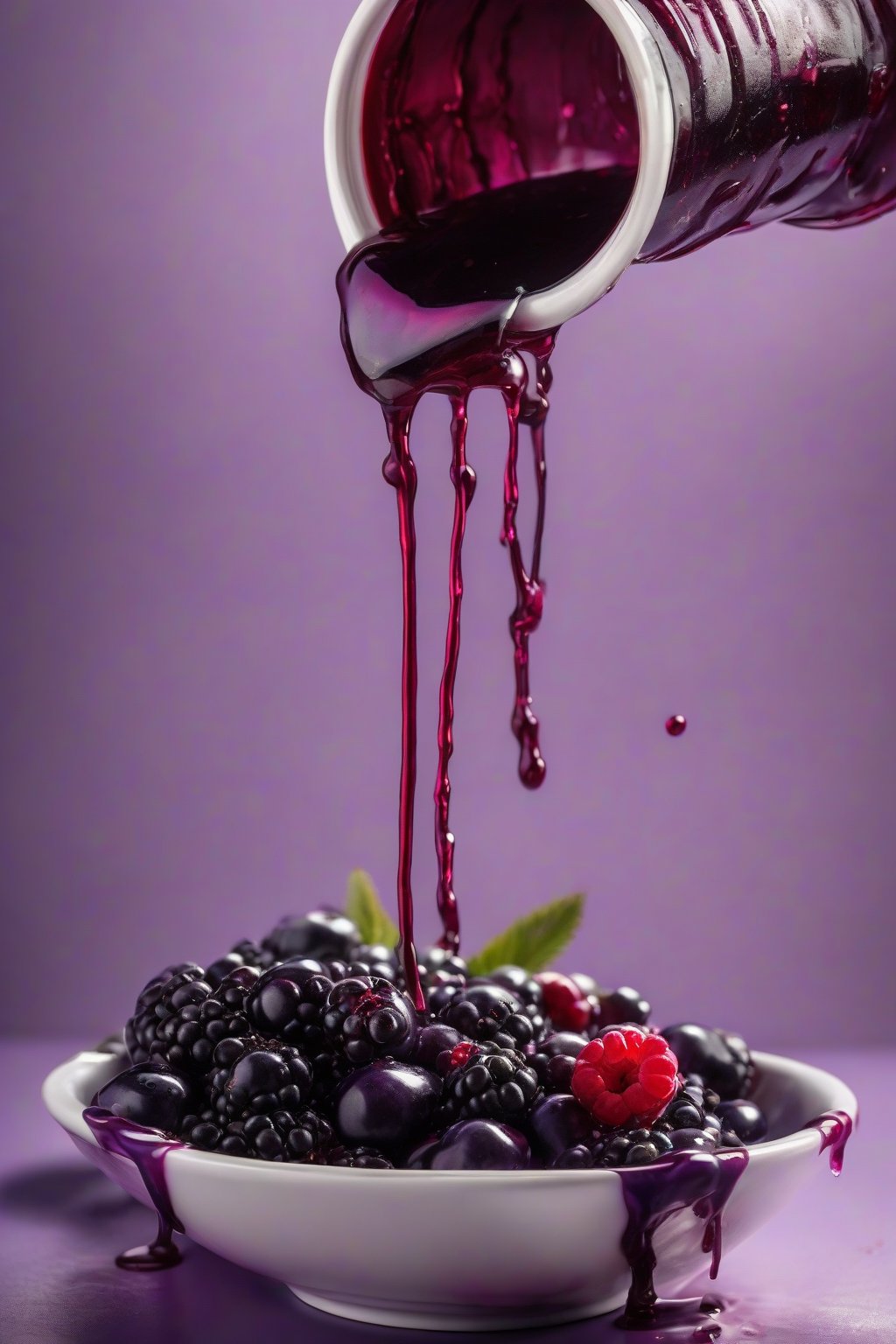 A high-resolution photo of mixed berry elderberry syrup spilling over berries in a bowl, juicy purple stains, under soft lighting.