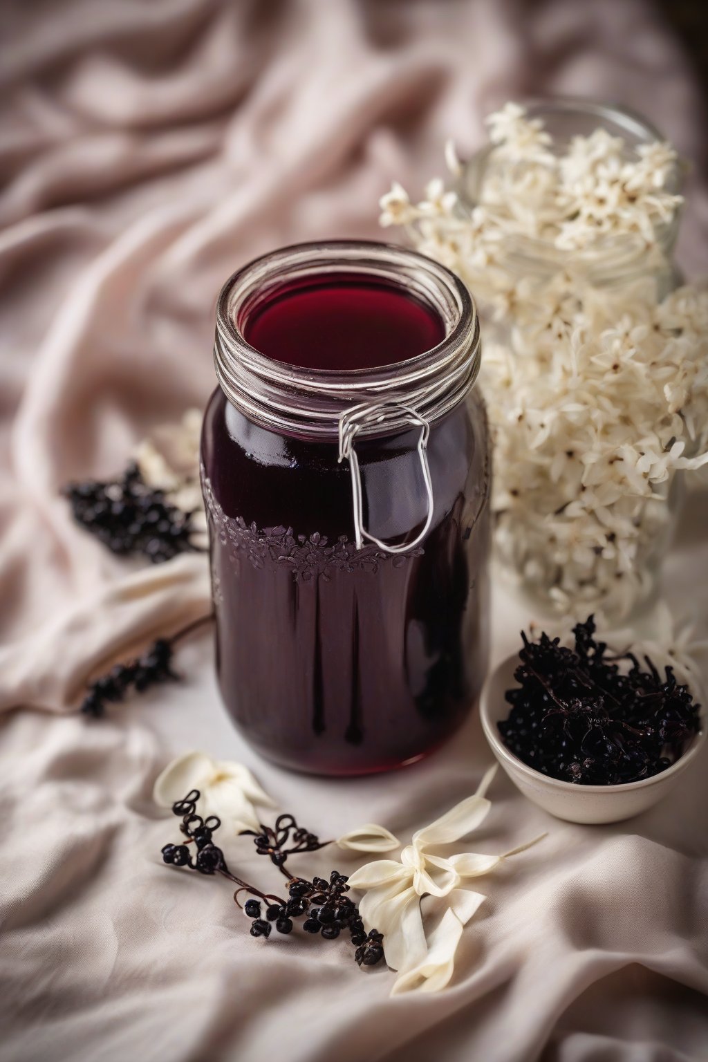 A high-resolution photo of vanilla dream elderberry syrup with vanilla pods draped over the jar, creamy soft tones, under soft lighting.