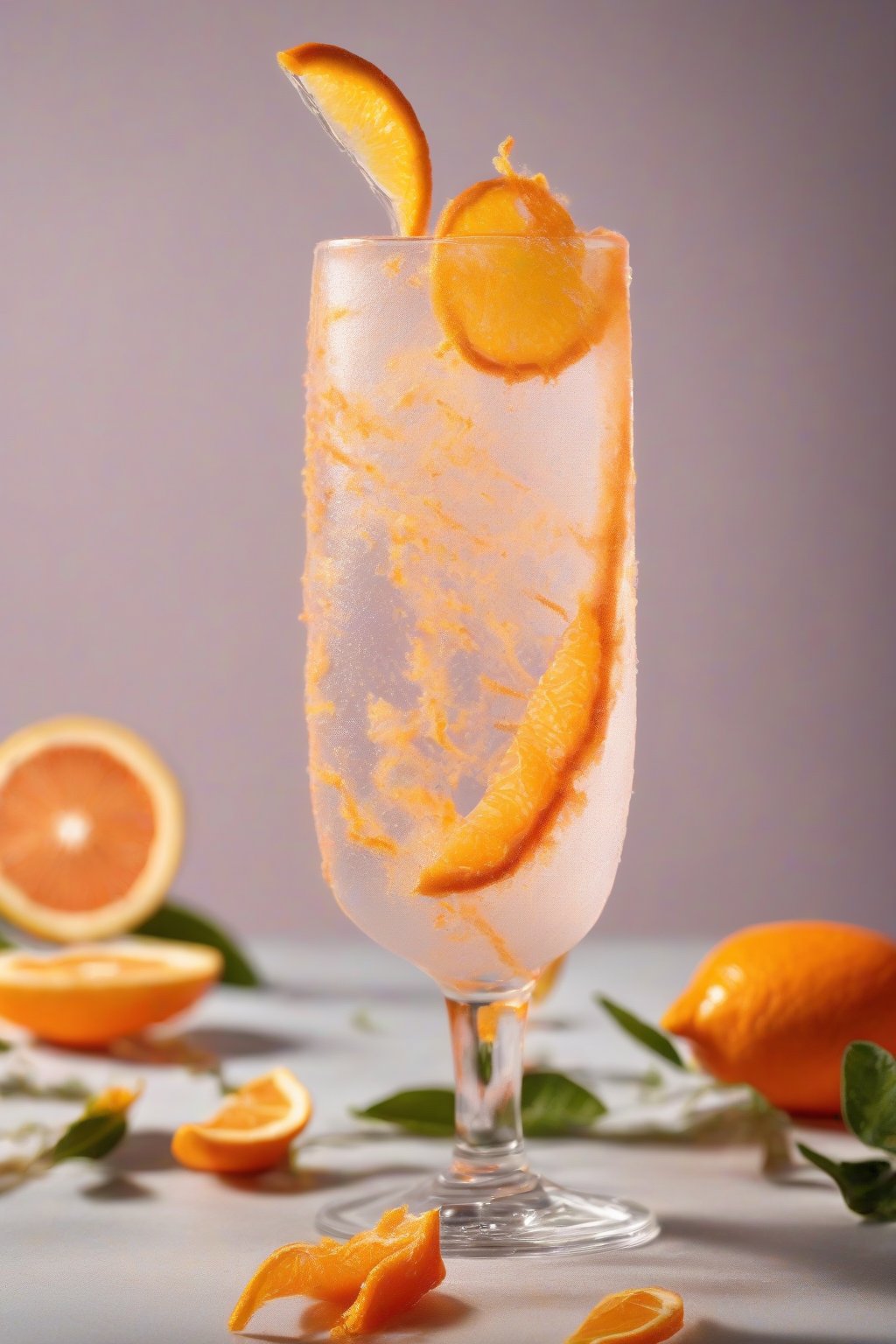 A high-resolution photo of citrus zest elderberry tonic fizzing slightly in a glass, orange peels curling, vibrant citrus burst, under soft lighting.