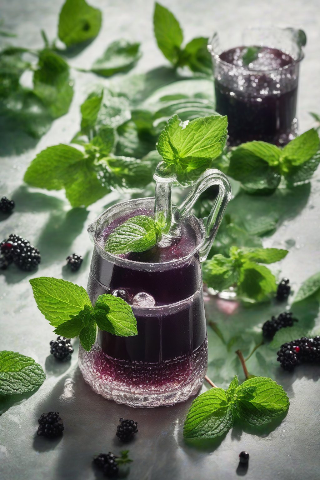 A high-resolution photo of minty fresh elderberry syrup garnished with mint sprigs, dew-kissed leaves, refreshing green hues, under soft lighting.