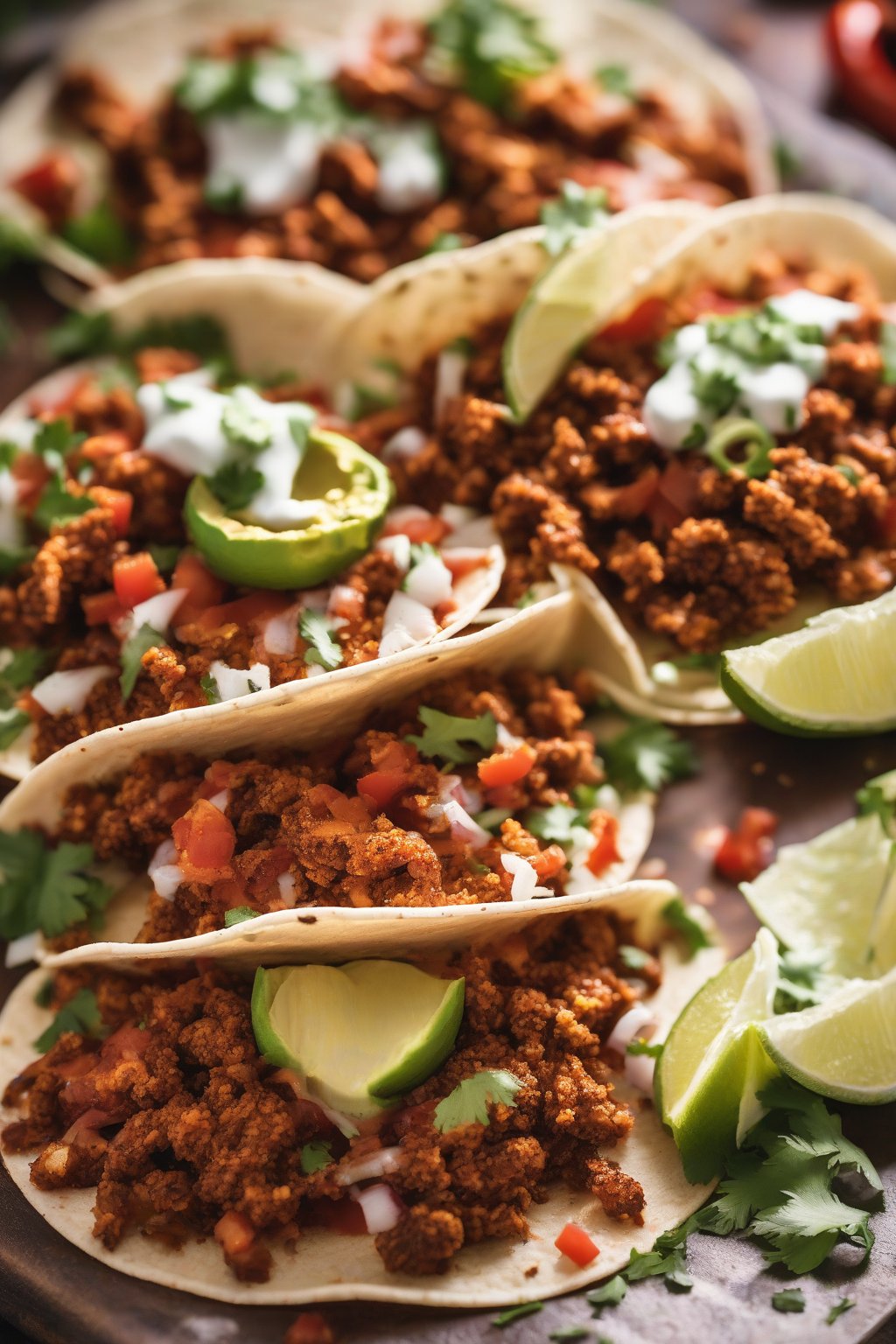 A close-up photo of tacos seasoned with Classic Chili Taco Seasoning under soft lighting.