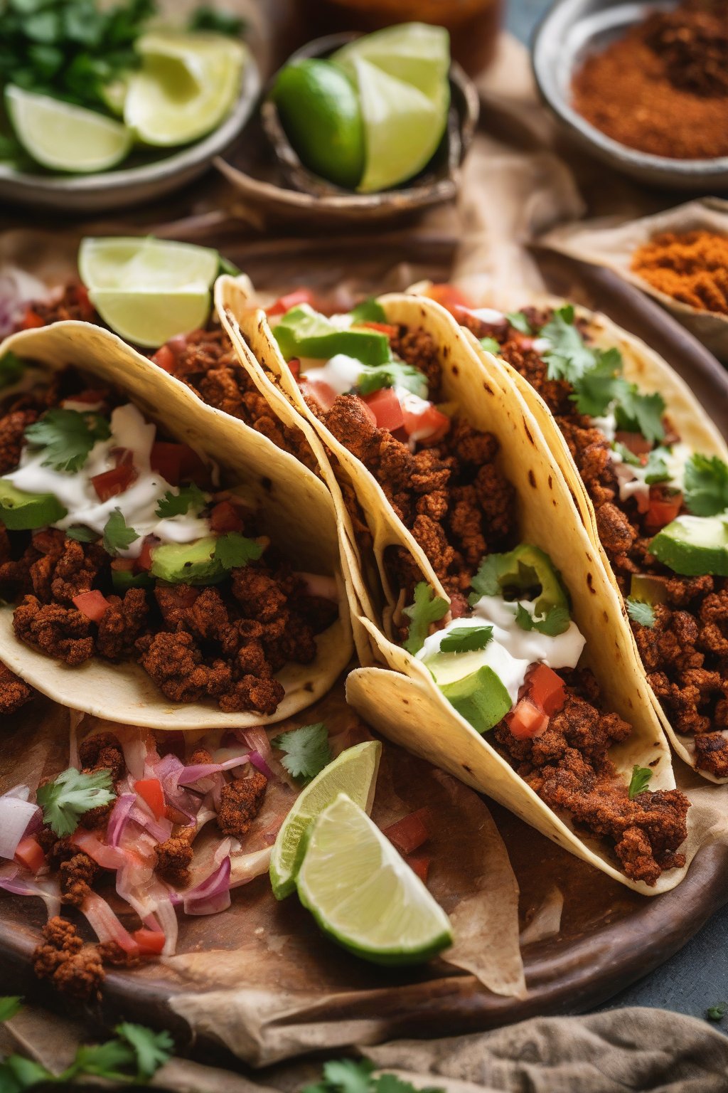 A close-up photo of tacos seasoned with Smoky Chipotle Taco Seasoning under soft lighting.