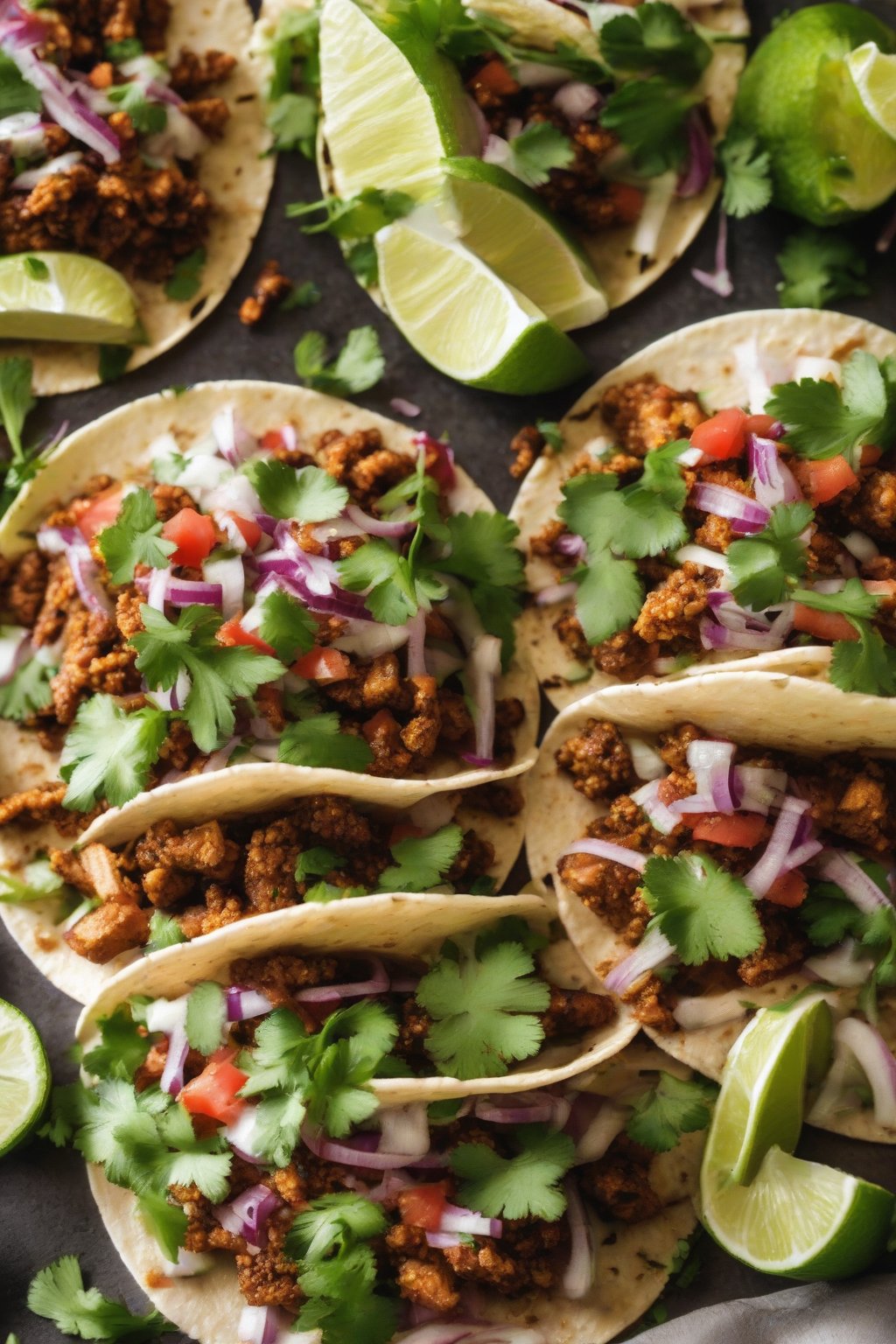 A close-up photo of tacos seasoned with Lime-Cilantro Taco Seasoning under soft lighting.