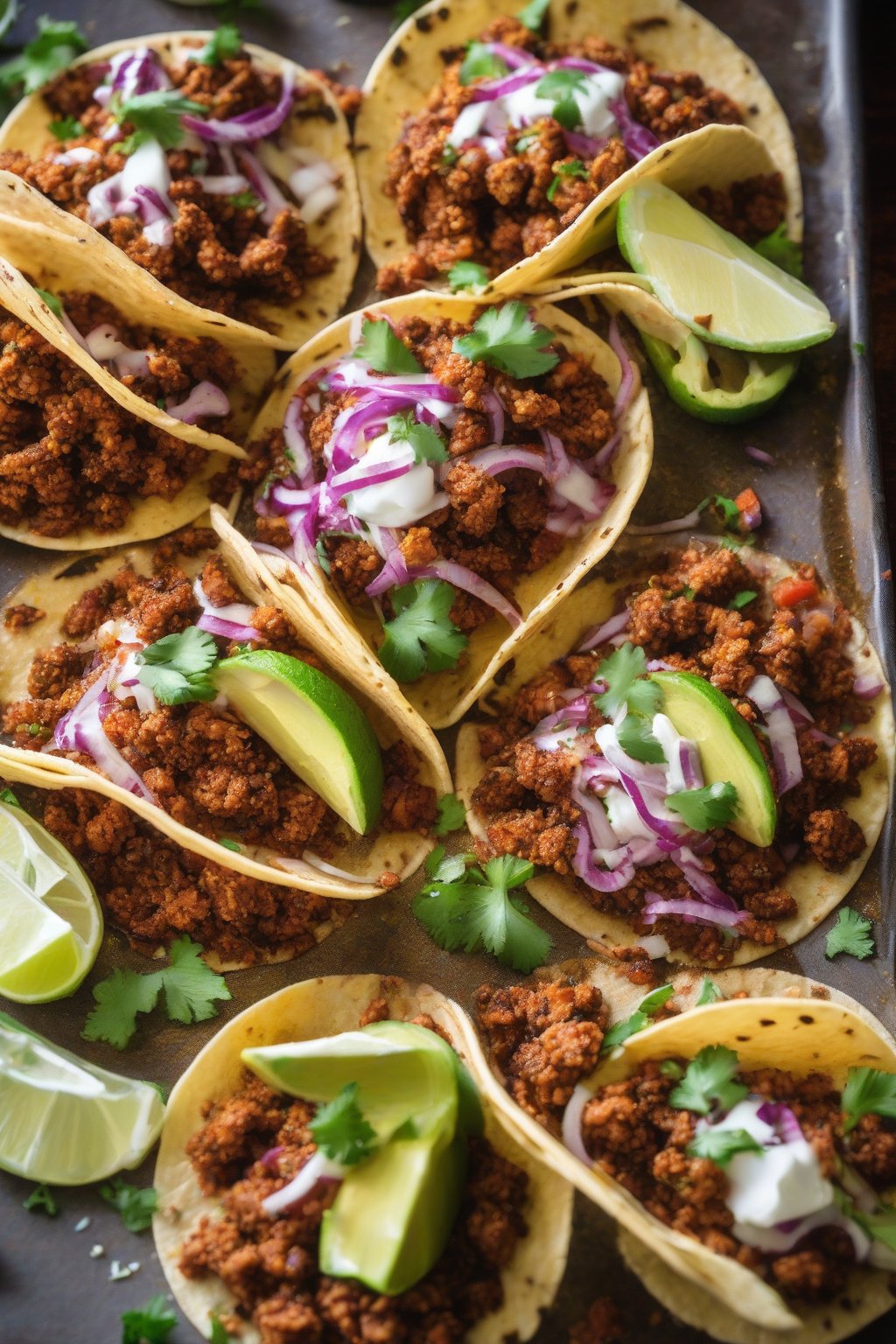 A close-up photo of tacos seasoned with Garlic-Lover's Taco Seasoning under soft lighting.