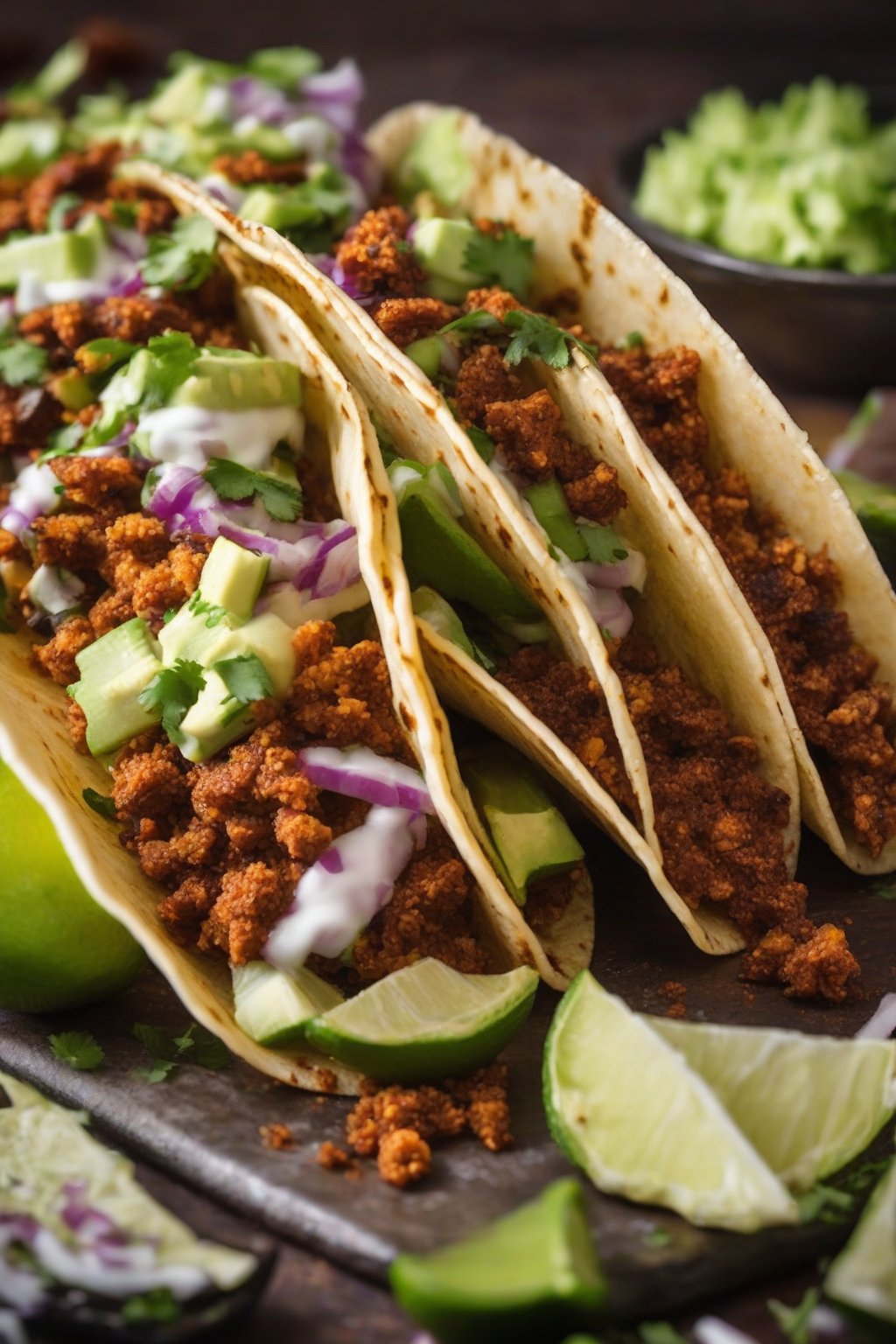 A close-up photo of tacos seasoned with Sweet Heat Taco Seasoning under soft lighting.