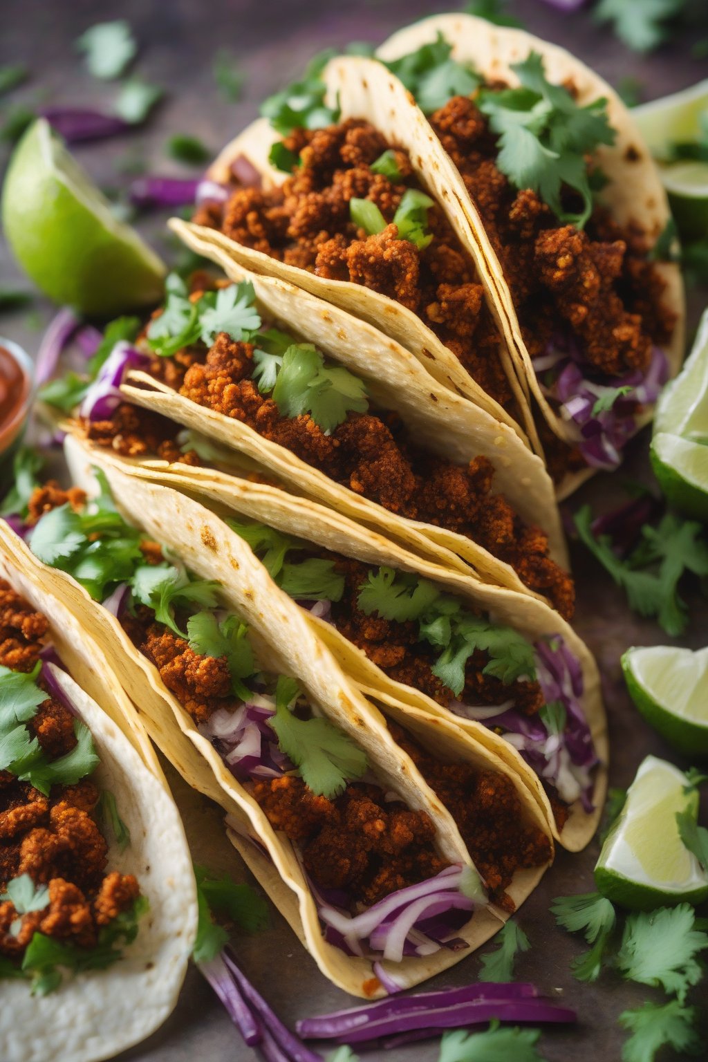 A close-up photo of tacos seasoned with Vegan Ancho Taco Seasoning under soft lighting.