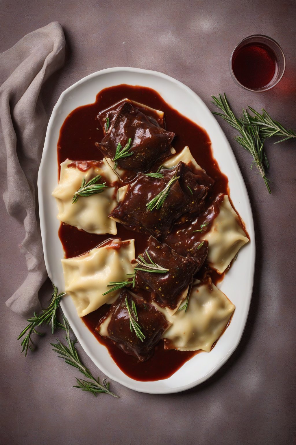 A high-resolution photo of savory beef short rib ravioli in a rich red wine sauce, rosemary sprigs on top, under soft lighting.