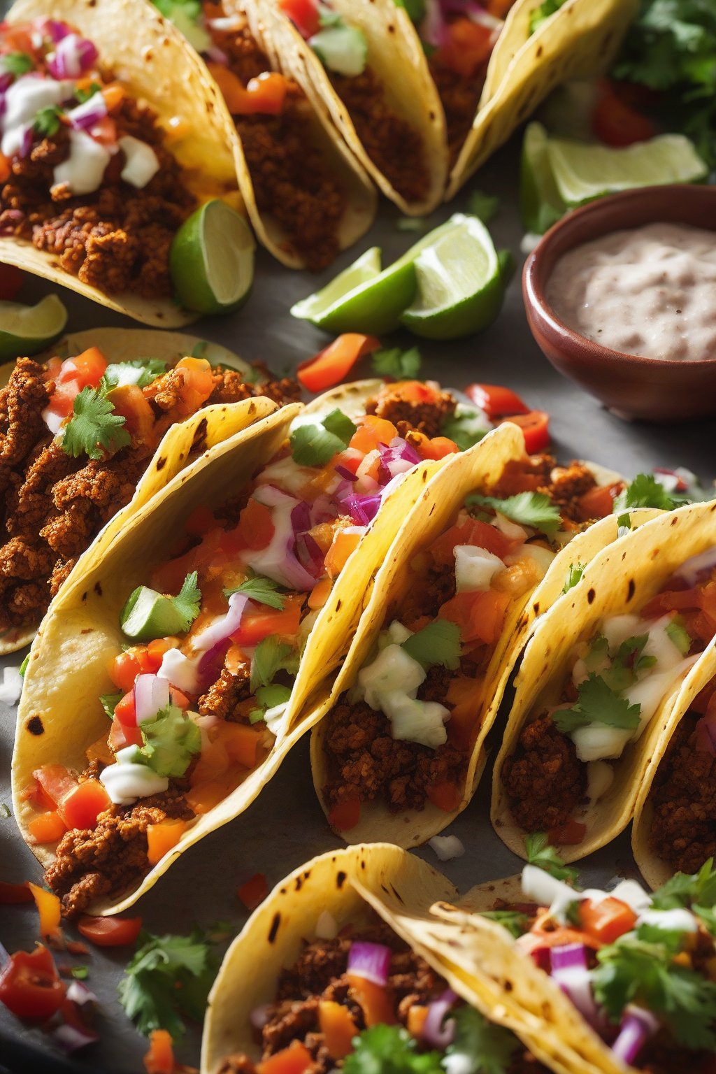 A close-up photo of tacos seasoned with Fiery Habanero Taco Seasoning under soft lighting.