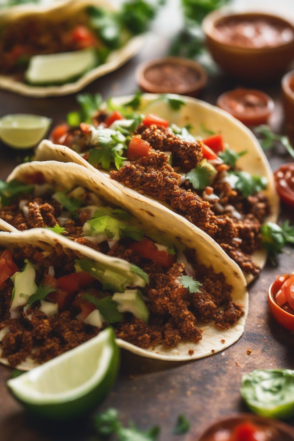 A close-up photo of tacos seasoned with Herby Italian Taco Seasoning under soft lighting.