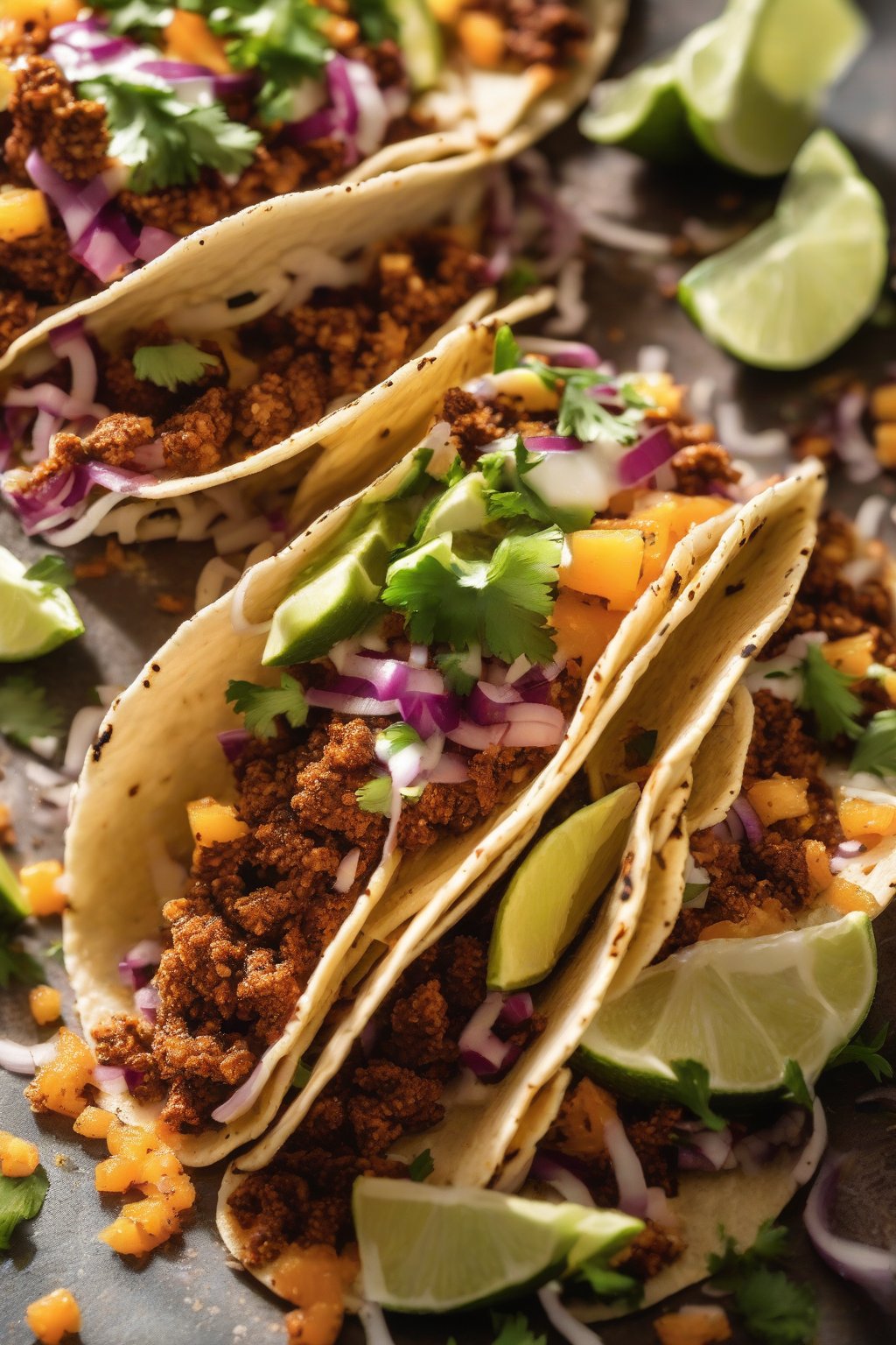 A close-up photo of tacos seasoned with Citrusy Orange Zest Taco Seasoning under soft lighting.