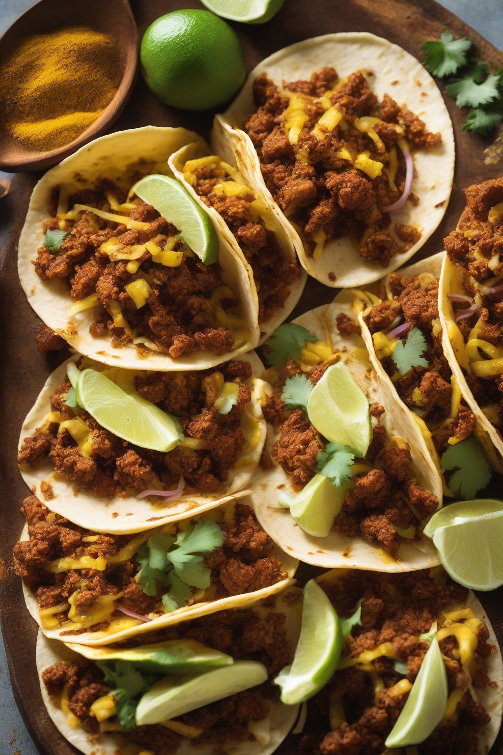 A close-up photo of tacos seasoned with Curry-Infused Taco Seasoning under soft lighting.