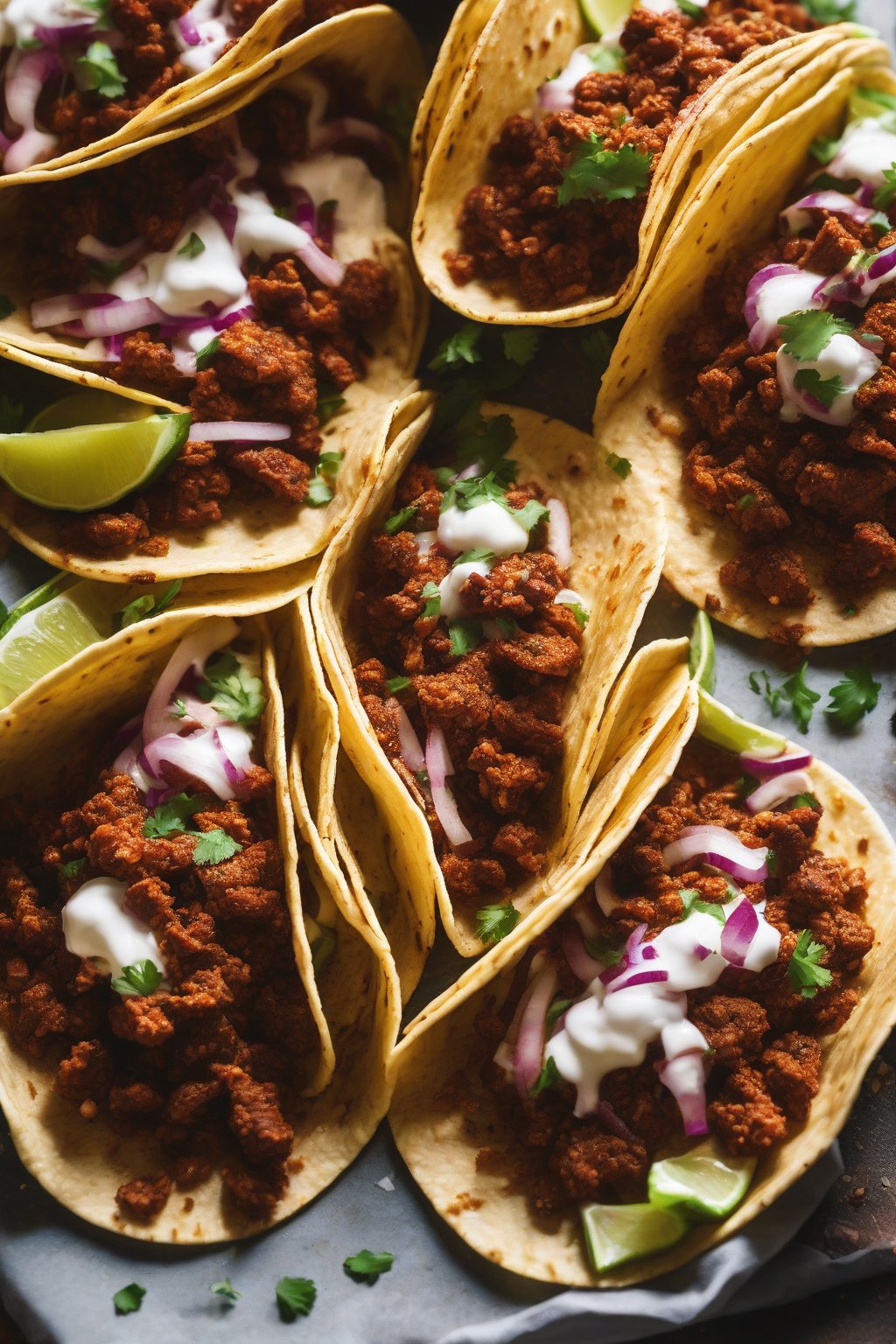 A close-up photo of tacos seasoned with BBQ Taco Seasoning under soft lighting.
