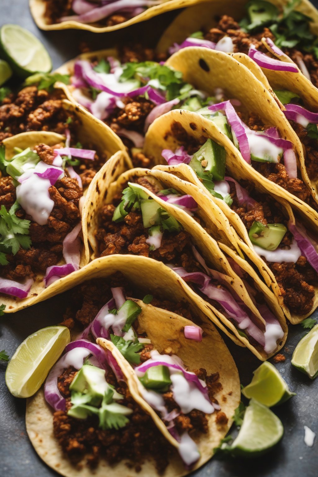 A close-up photo of tacos seasoned with Truffle Taco Seasoning under soft lighting.