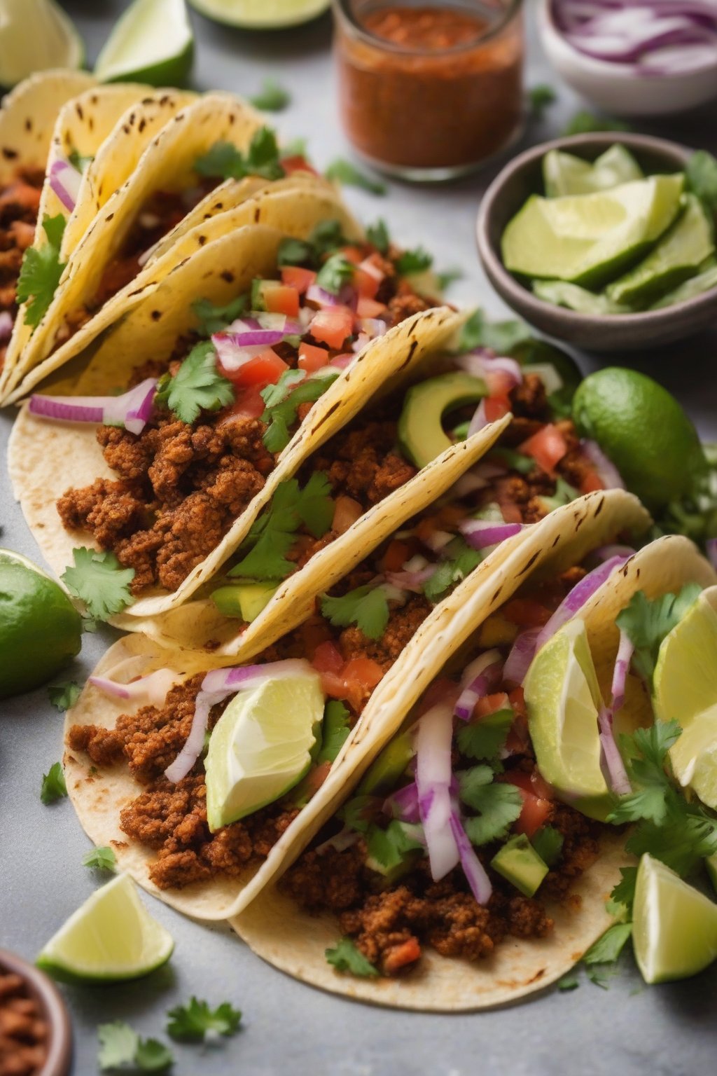 A close-up photo of tacos seasoned with Mild Kid-Friendly Taco Seasoning under soft lighting.