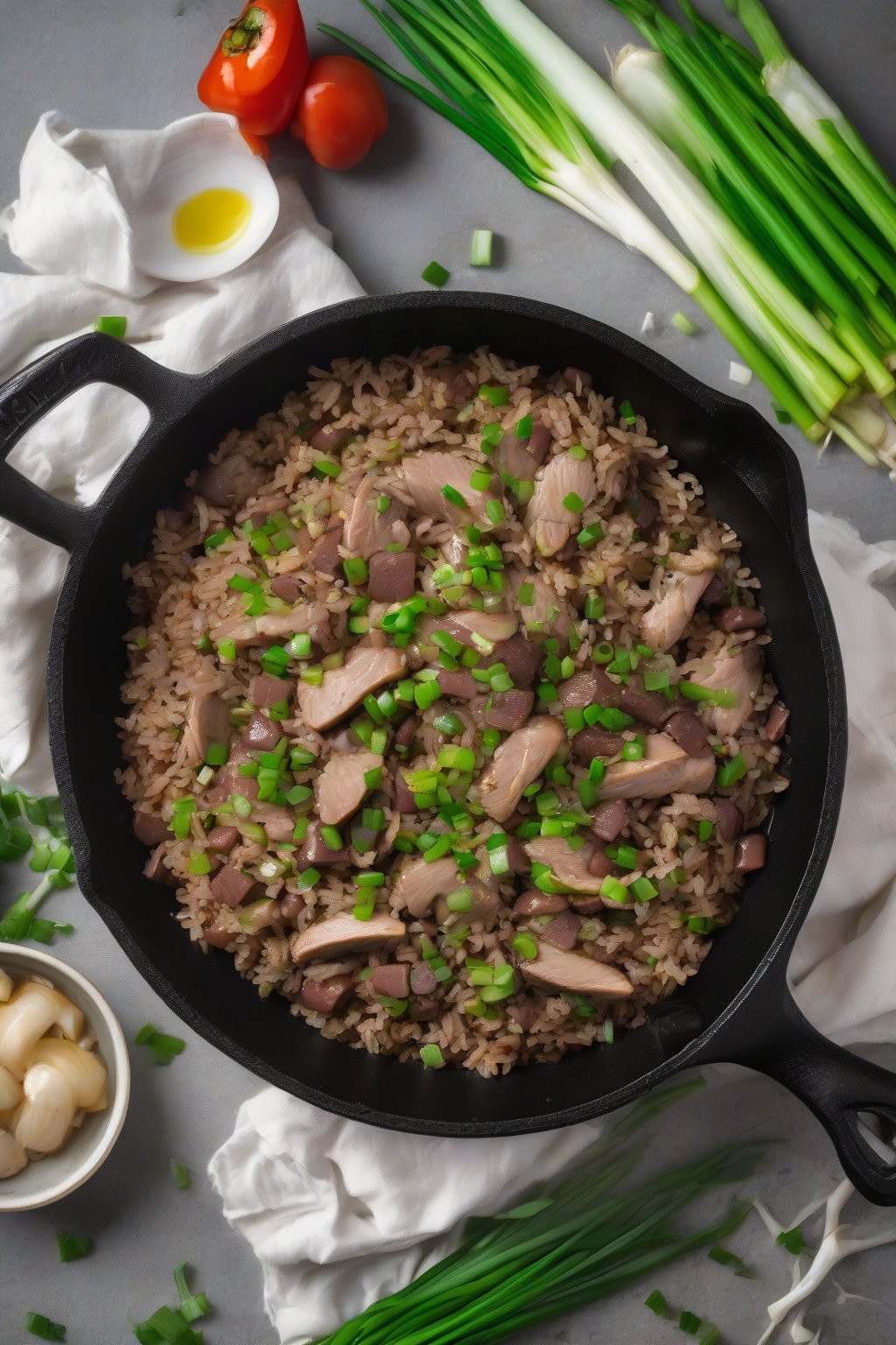 A high-resolution photo of steaming classic chicken liver dirty rice in a cast-iron skillet, garnished with green onions under soft lighting.
