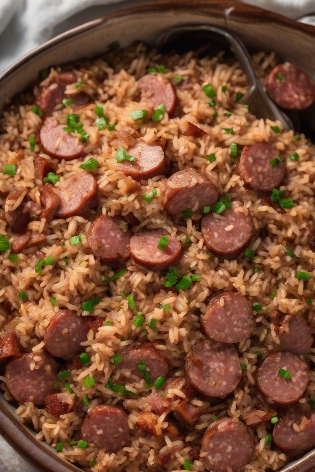 A high-resolution photo of andouille sausage dirty rice piled high in a bowl, with sausage slices visible under soft lighting.