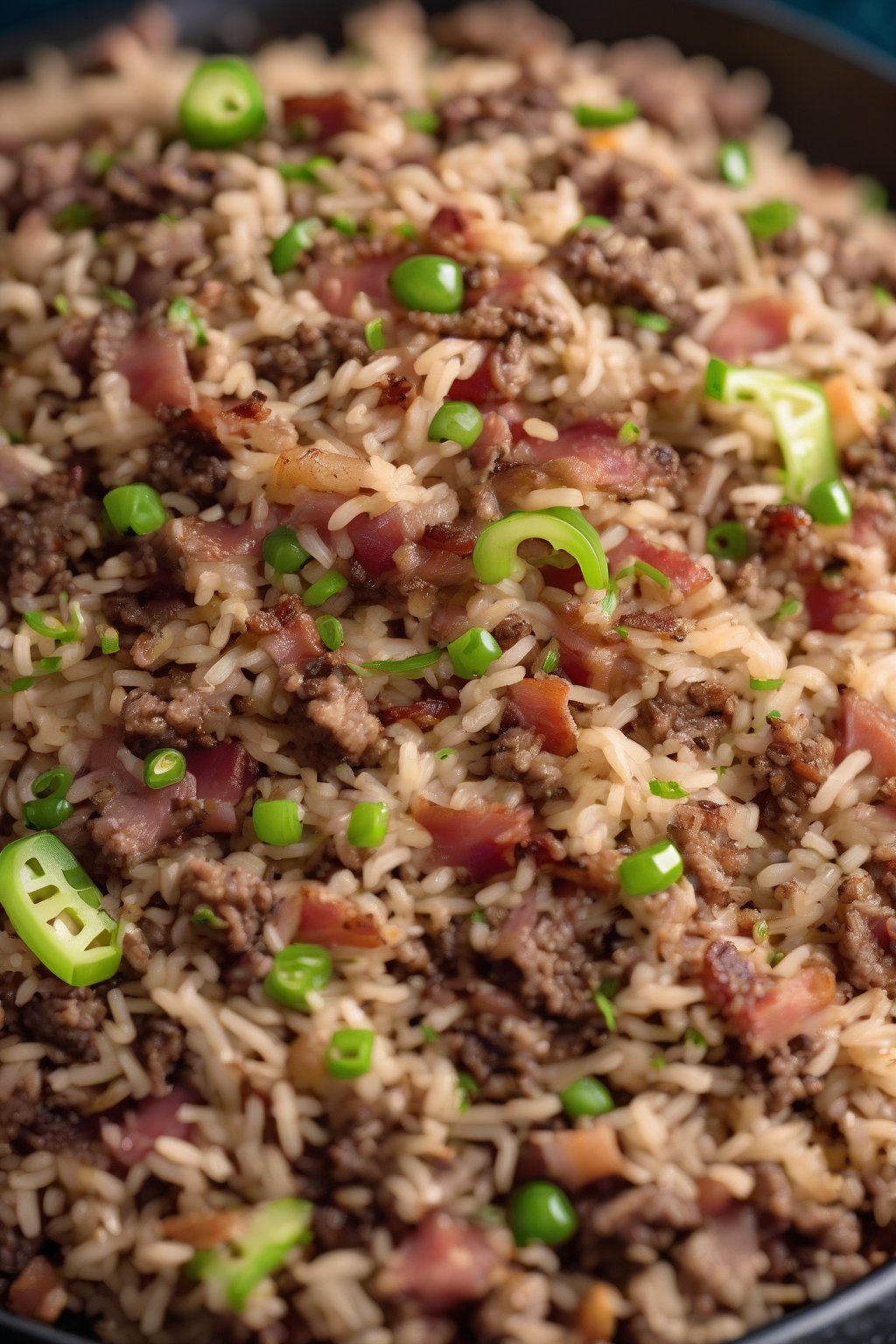 A high-resolution photo of ground beef and bacon dirty rice with crispy bacon bits on top, served family-style under soft lighting.