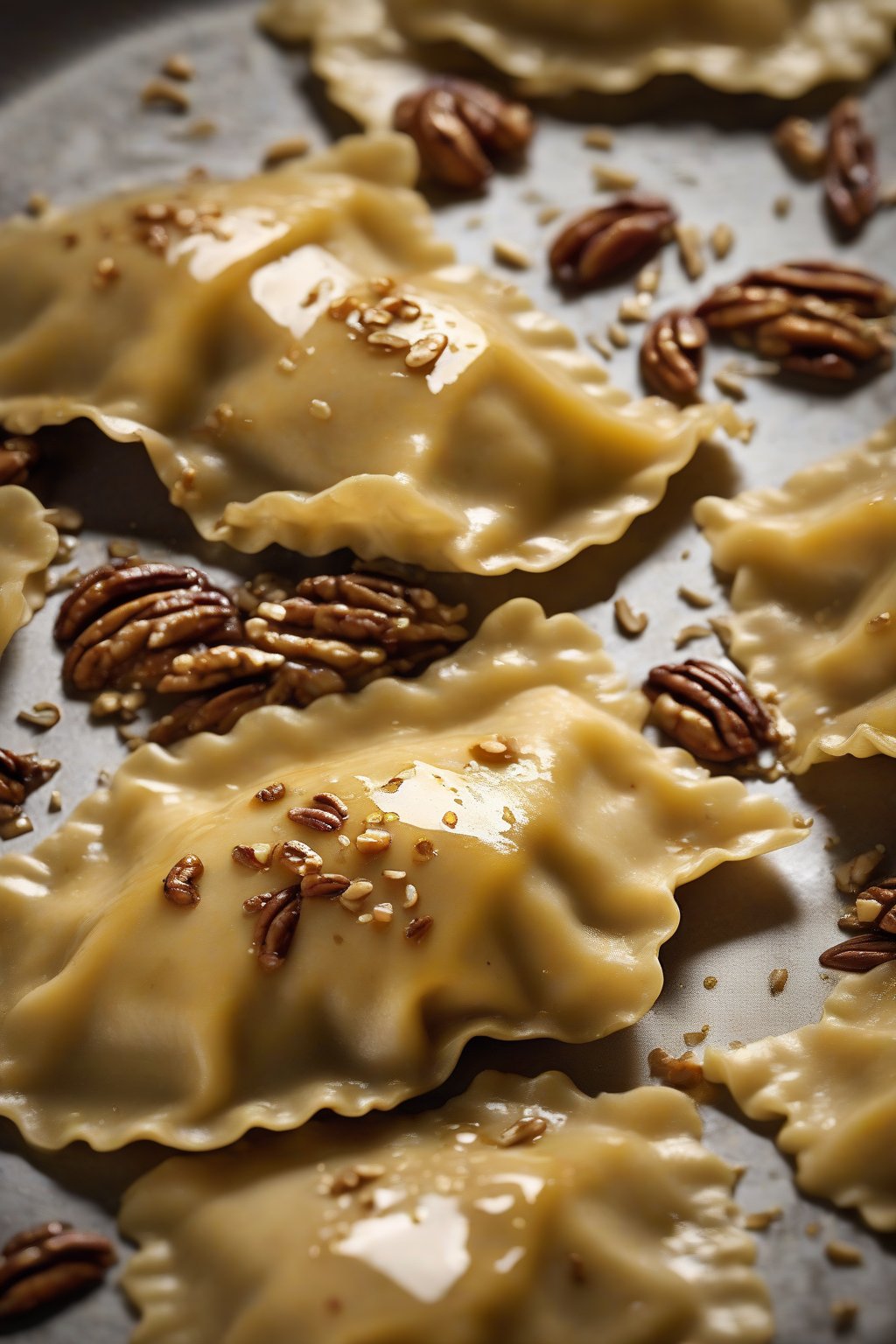 A high-resolution photo of golden sweet potato ravioli with pecan crunch, glistening with honey butter, under soft lighting.