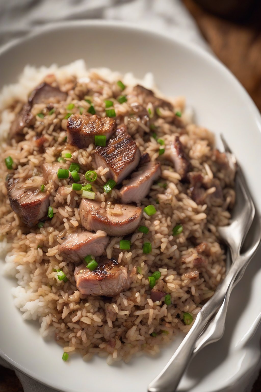 A high-resolution photo of pork chop dirty rice with visible pork chunks, steam rising from a white bowl under soft lighting.