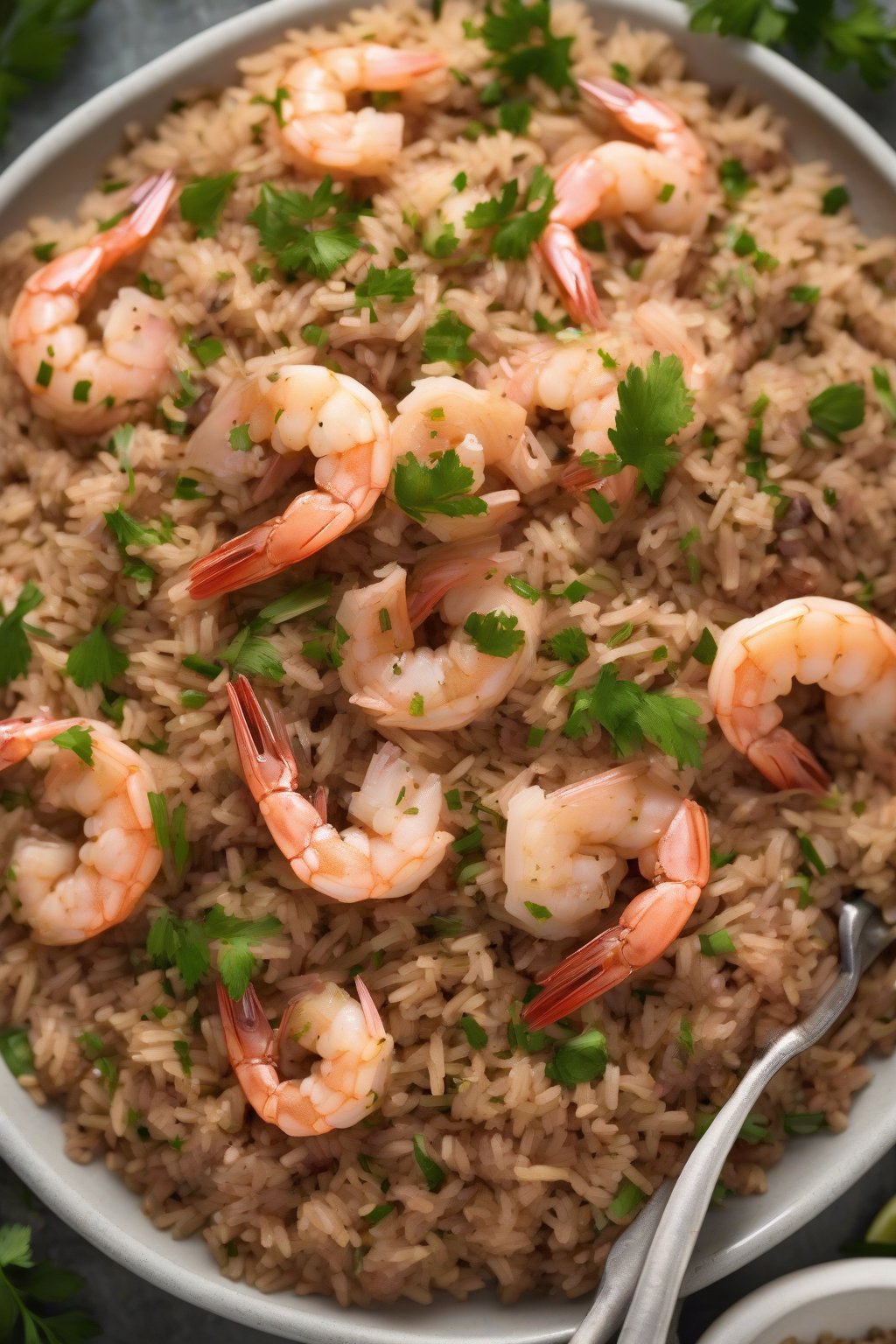 A high-resolution photo of shrimp and turkey dirty rice garnished with shrimp tails and herbs under soft lighting.