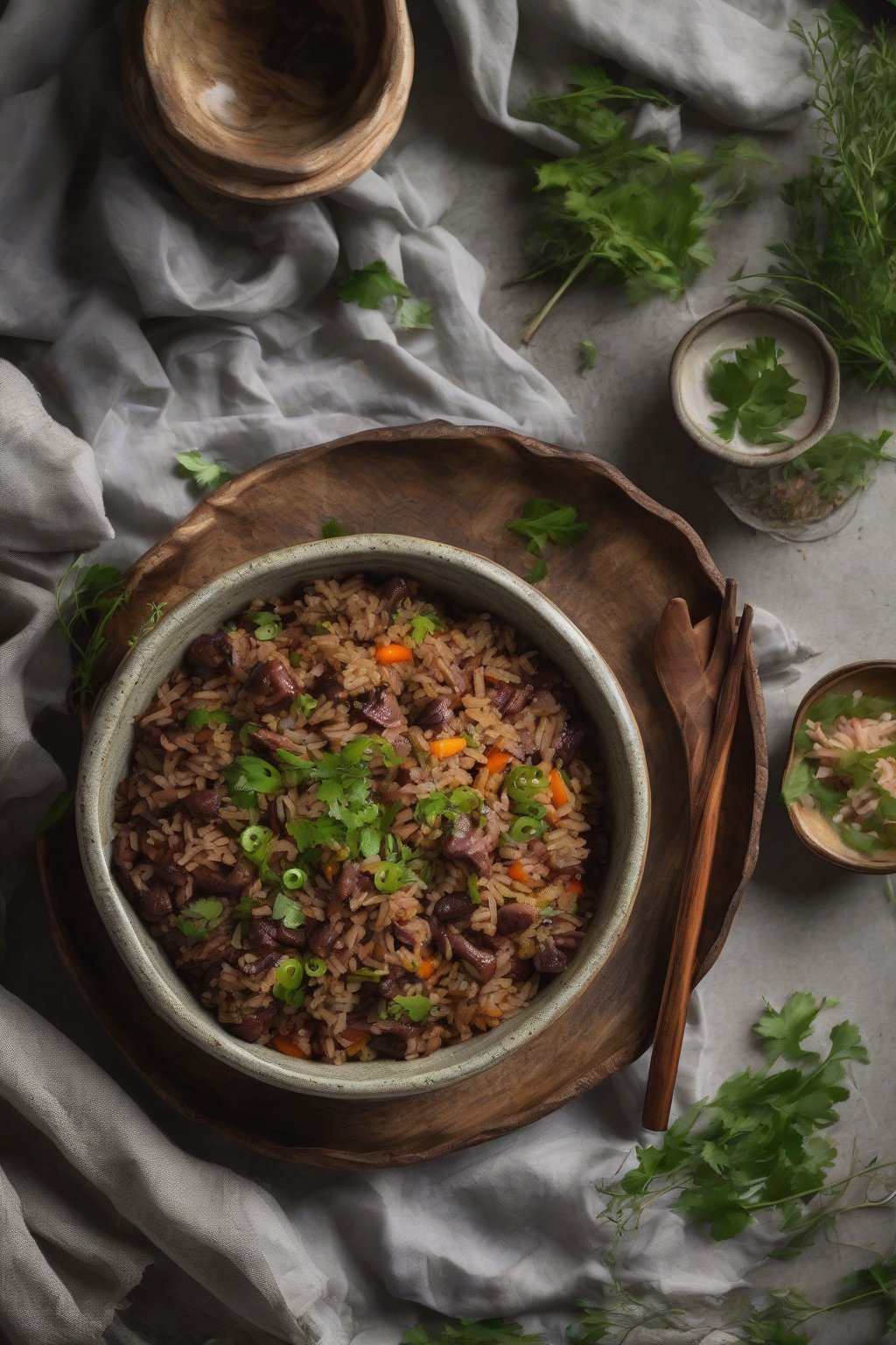 A high-resolution photo of venison dirty rice in a rustic bowl with forest-green garnishes under soft lighting.