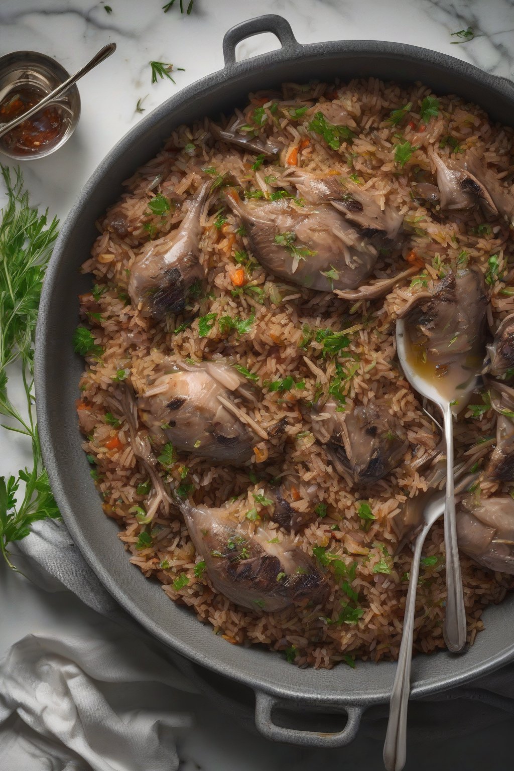 A high-resolution photo of duck confit dirty rice with glossy shreds and herbs under soft lighting.