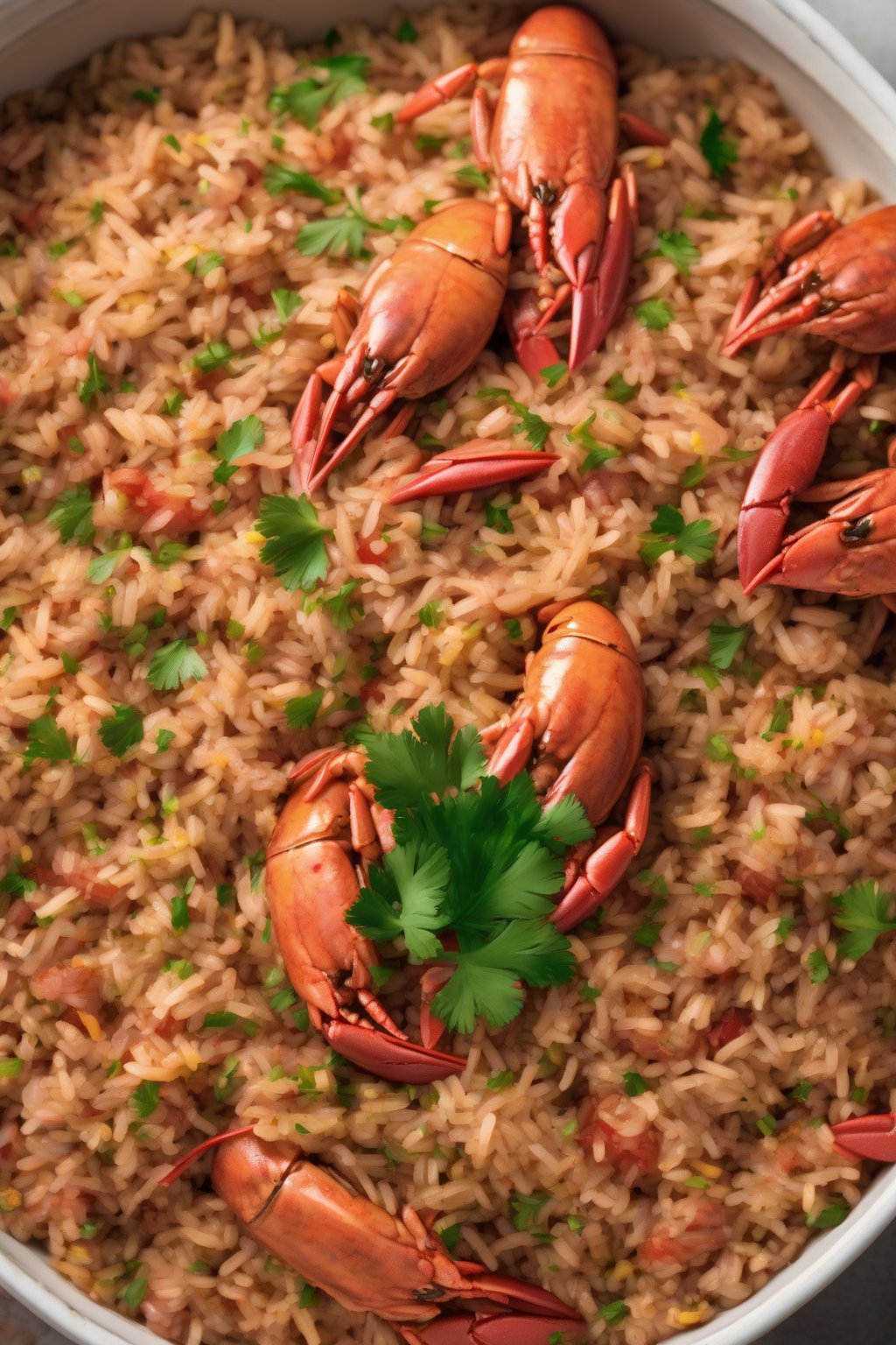 A high-resolution photo of crawfish dirty rice topped with tails and parsley under soft lighting.