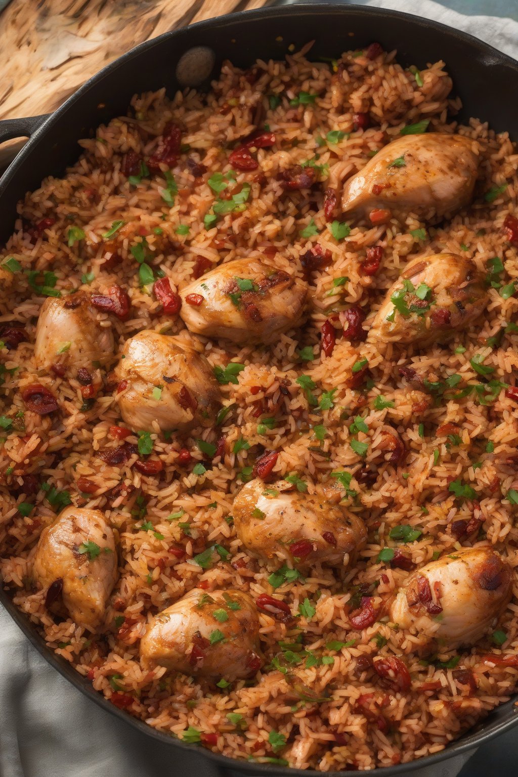 A high-resolution photo of chorizo chicken dirty rice with red spice flecks under soft lighting.