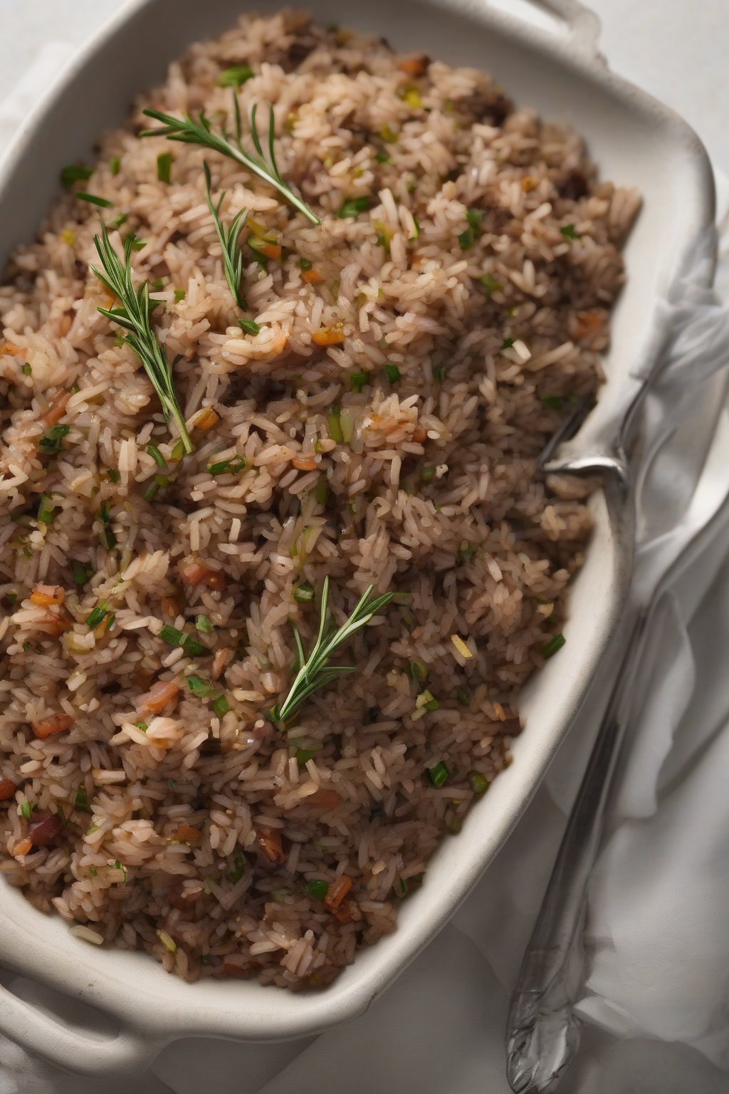 A high-resolution photo of lamb dirty rice sprinkled with rosemary under soft lighting.
