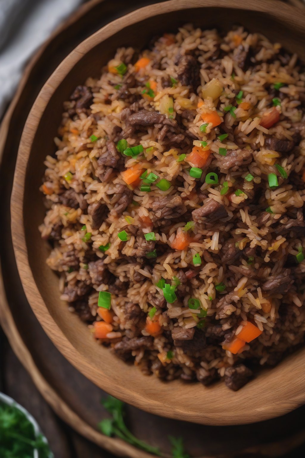 A high-resolution photo of bison dirty rice in a wooden bowl with earthy tones under soft lighting.