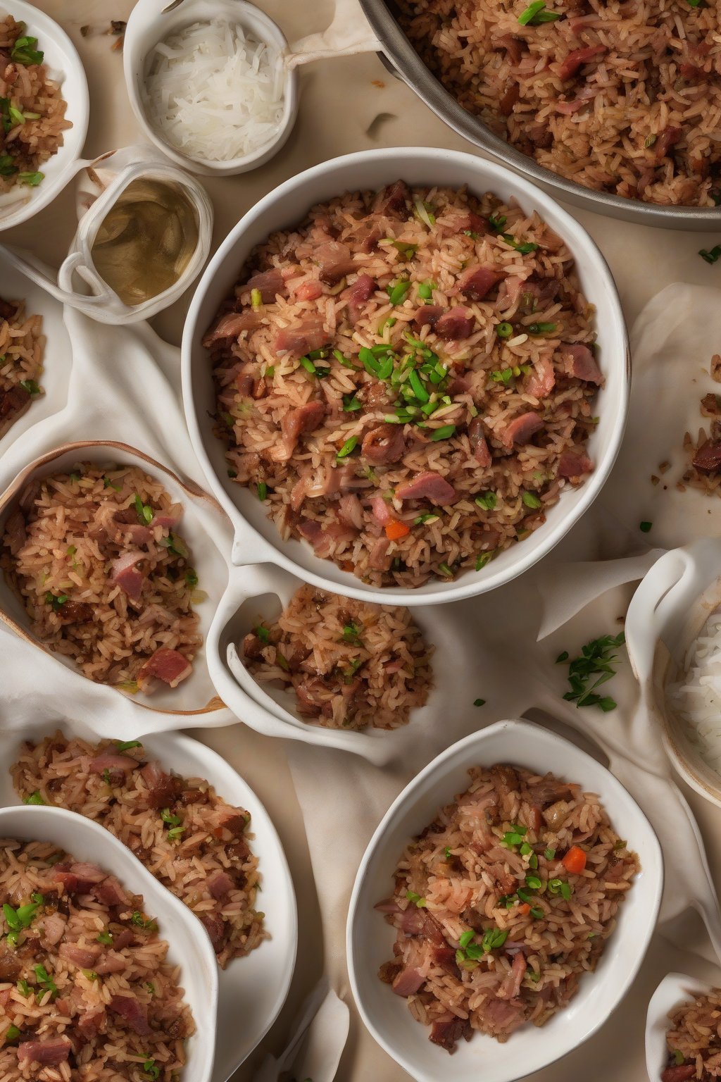 A high-resolution photo of all-meat supreme dirty rice overflowing with meat bits under soft lighting.