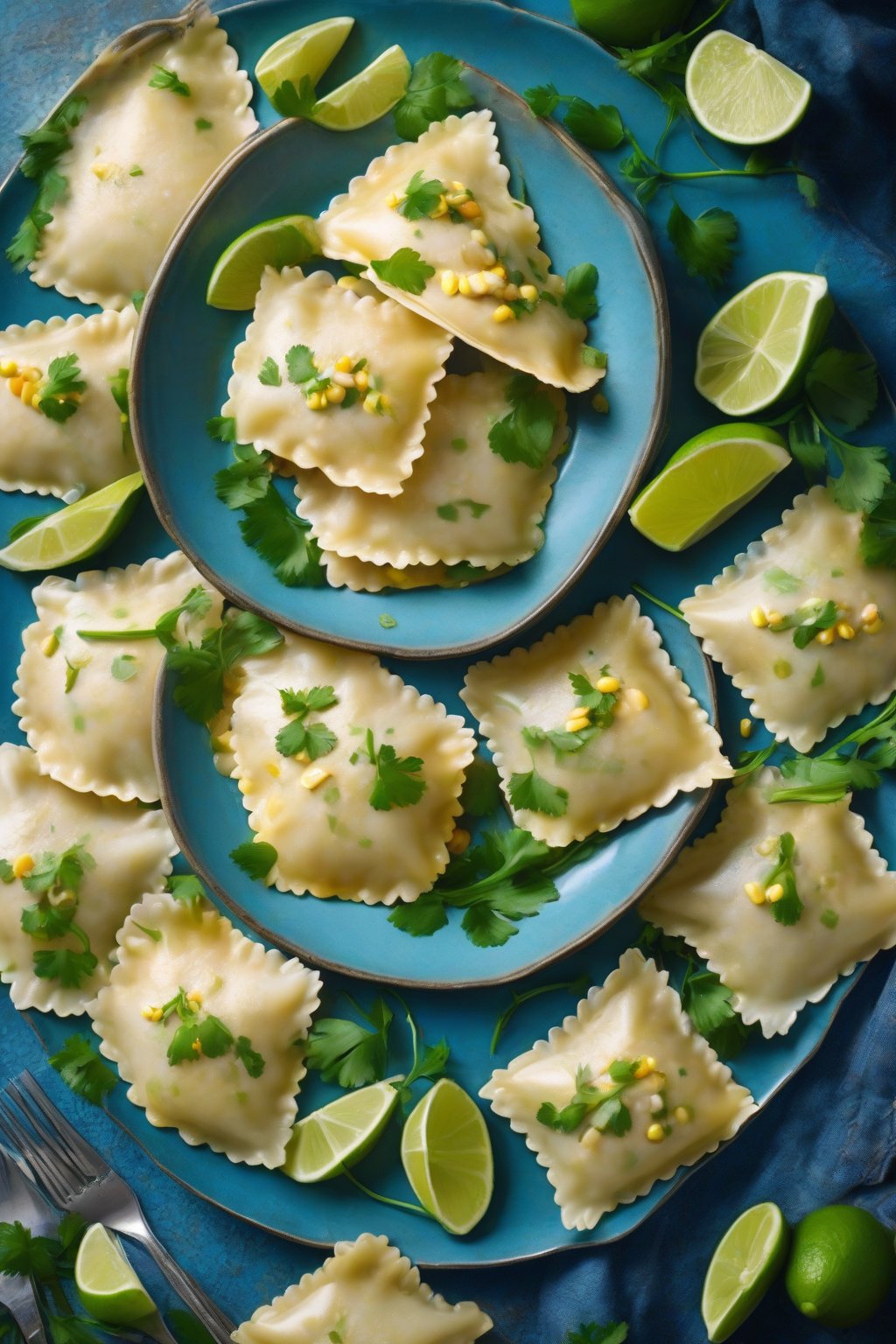 A high-resolution photo of vibrant crab and corn ravioli garnished with lime and cilantro, on a summery blue plate, under soft lighting.