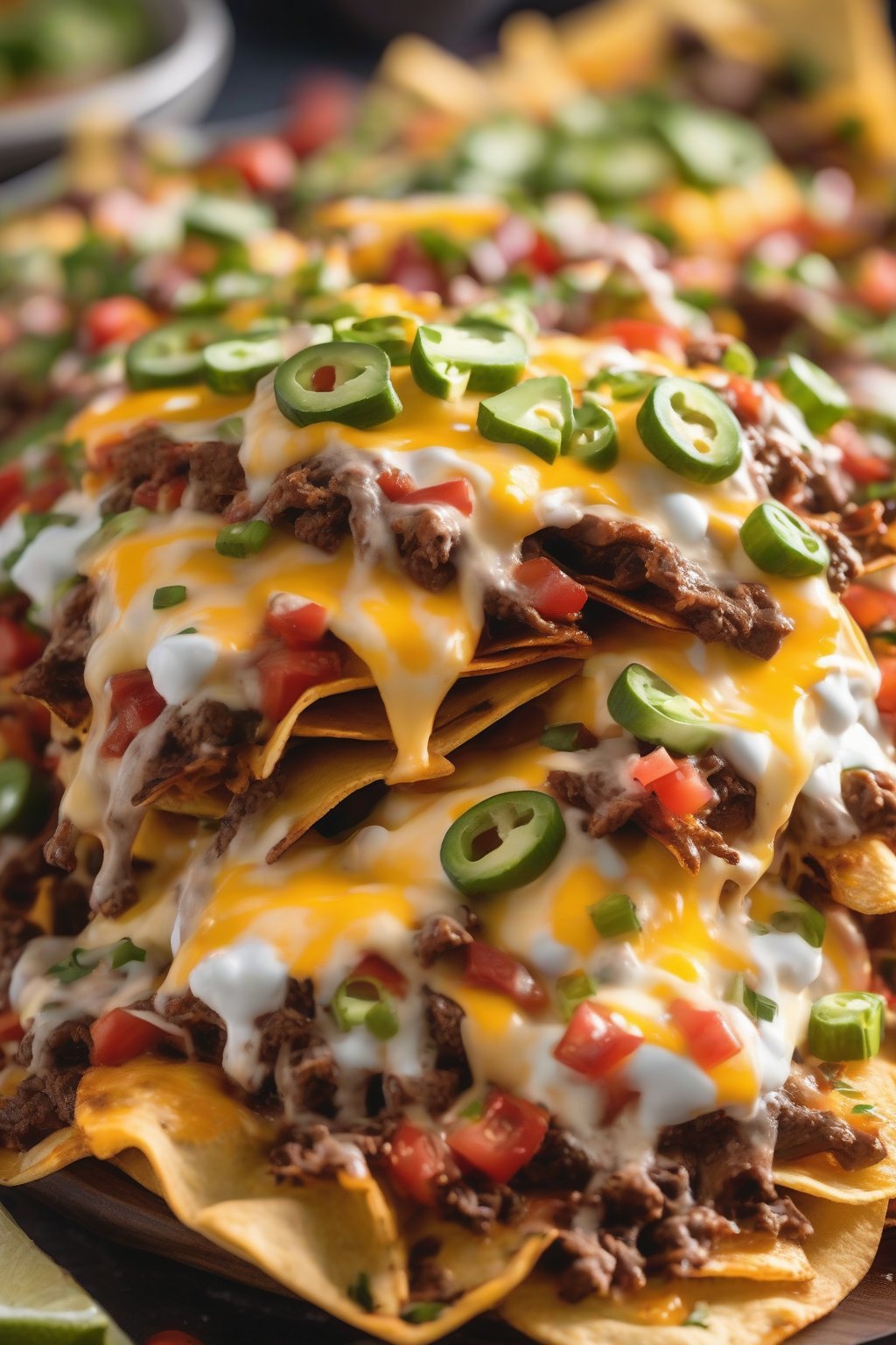 A close-up photo of Ultimate Classic Beef Loaded Nachos piled high with melted cheese and fresh toppings under soft lighting.