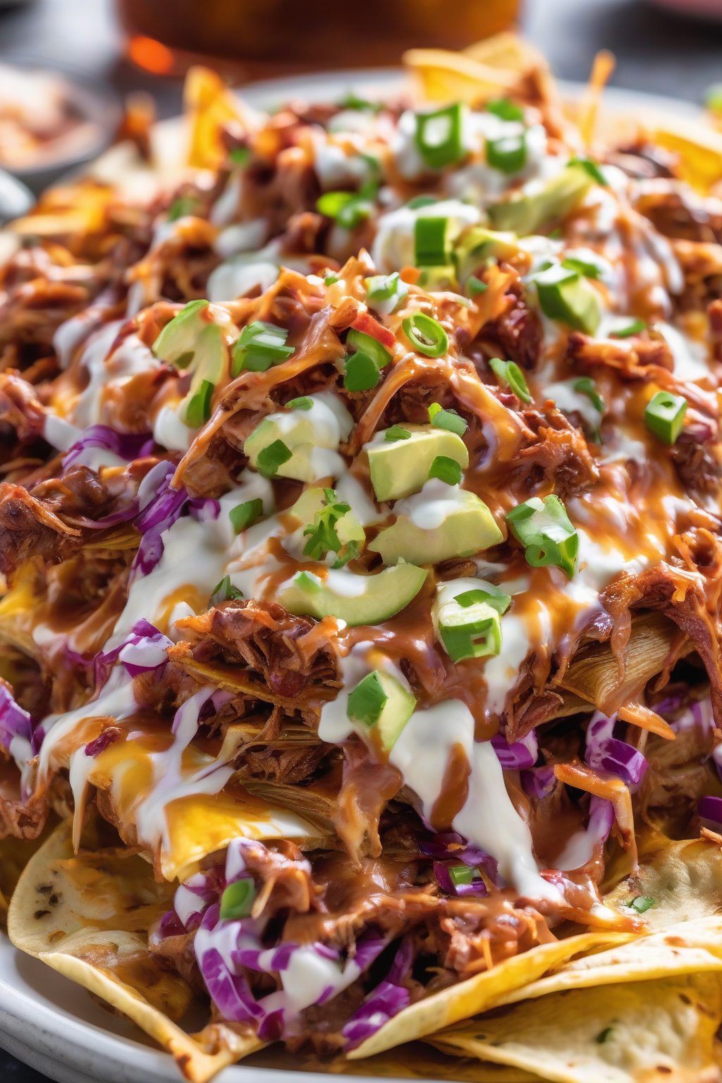 A close-up photo of Spicy BBQ Pulled Pork Loaded Nachos with smoky meat and coleslaw under soft lighting.