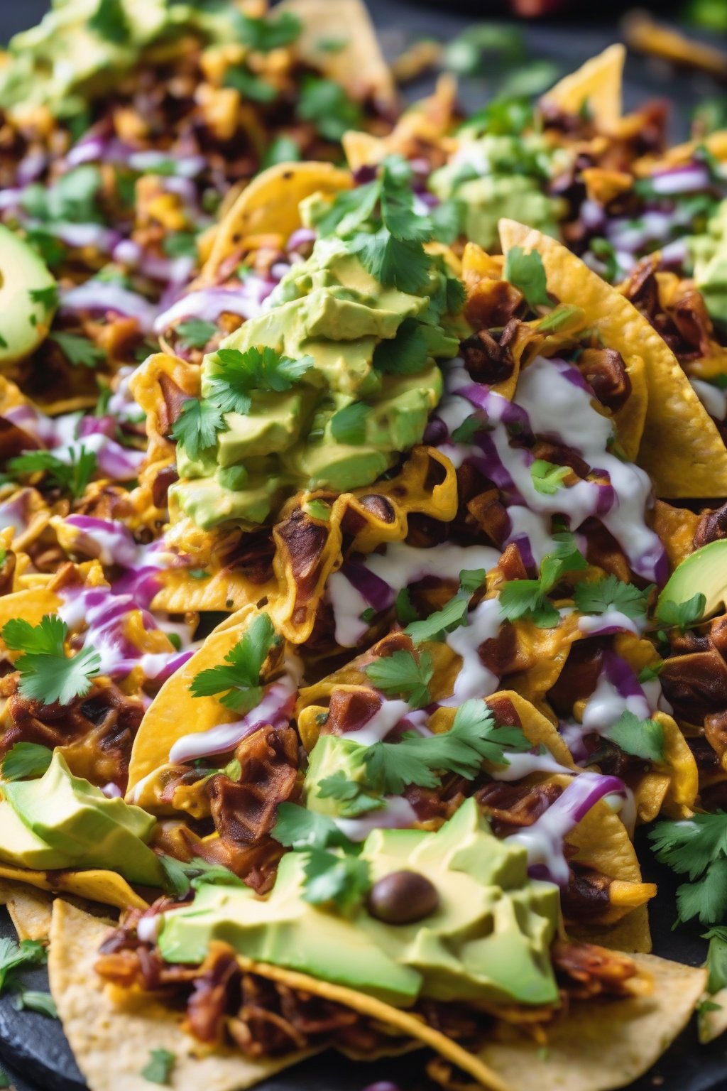 A close-up photo of Vegan Jackfruit Loaded Nachos with creamy avocado and fresh herbs under soft lighting.