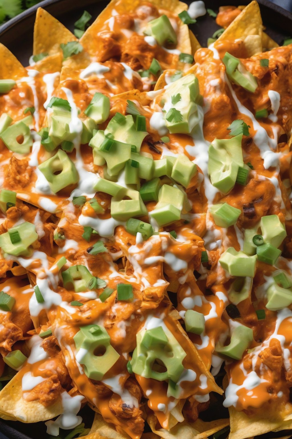 A close-up photo of Buffalo Chicken Loaded Nachos with tangy sauce and celery under soft lighting.