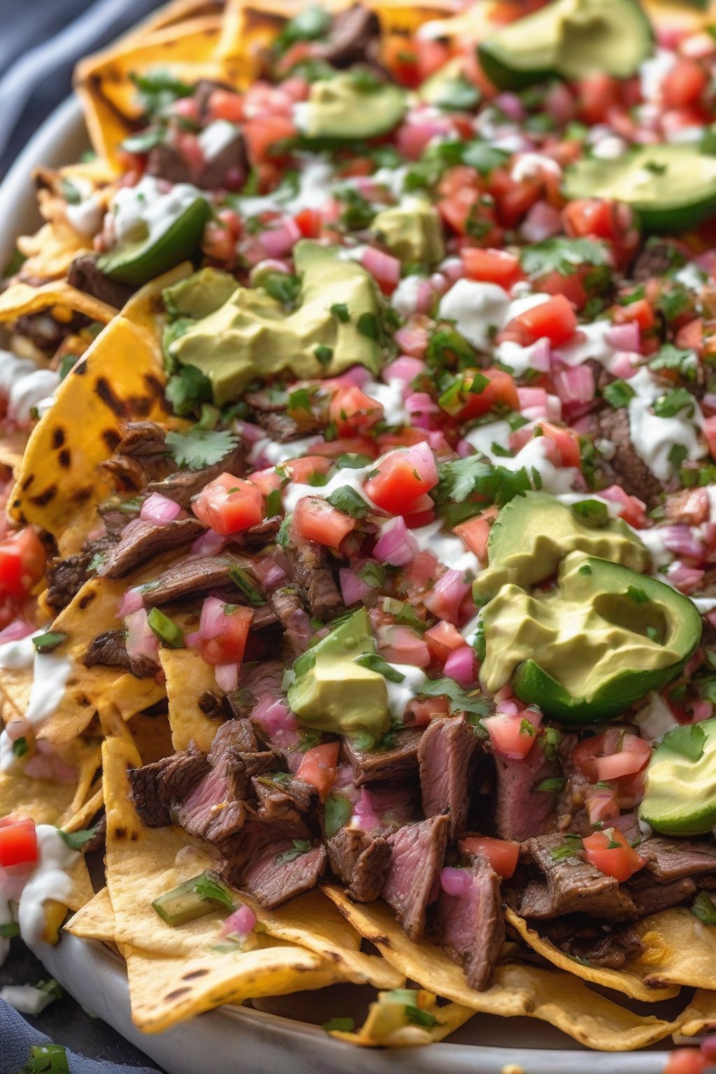 A close-up photo of Carne Asada Loaded Nachos with grilled steak and pico de gallo under soft lighting.
