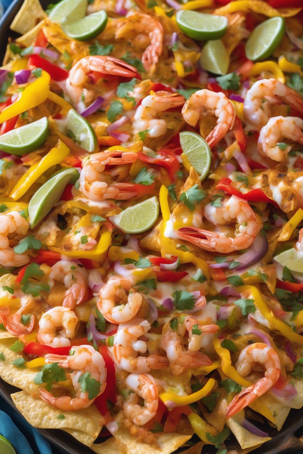 A close-up photo of Shrimp Fajita Loaded Nachos with colorful peppers and shrimp under soft lighting.