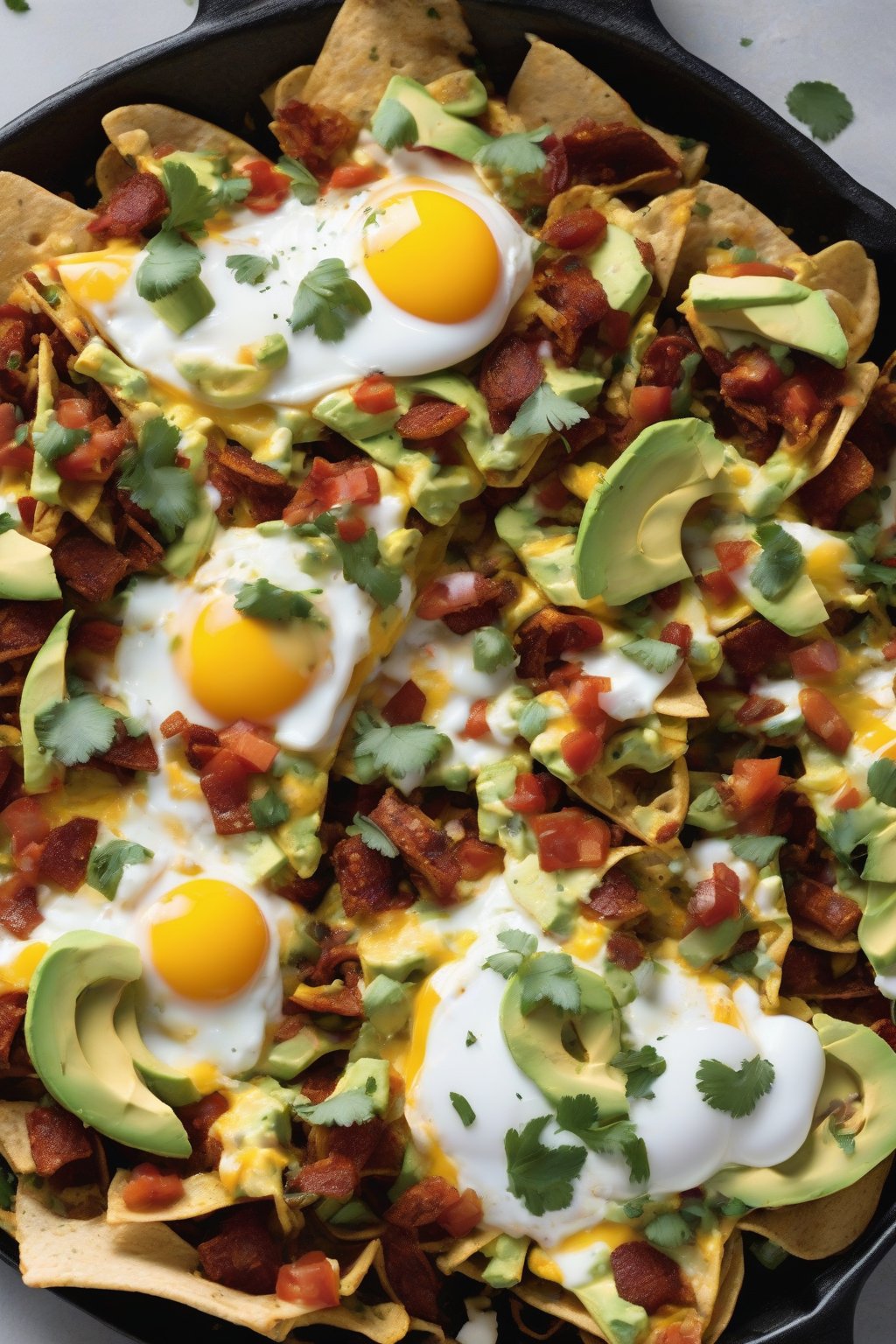 A close-up photo of Chorizo Breakfast Loaded Nachos with runny eggs and avocado under soft lighting.