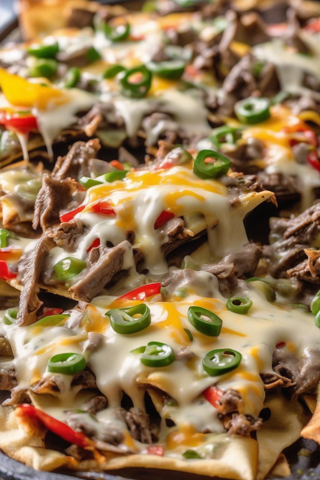 A close-up photo of Philly Cheesesteak Loaded Nachos with melted provolone and peppers under soft lighting.